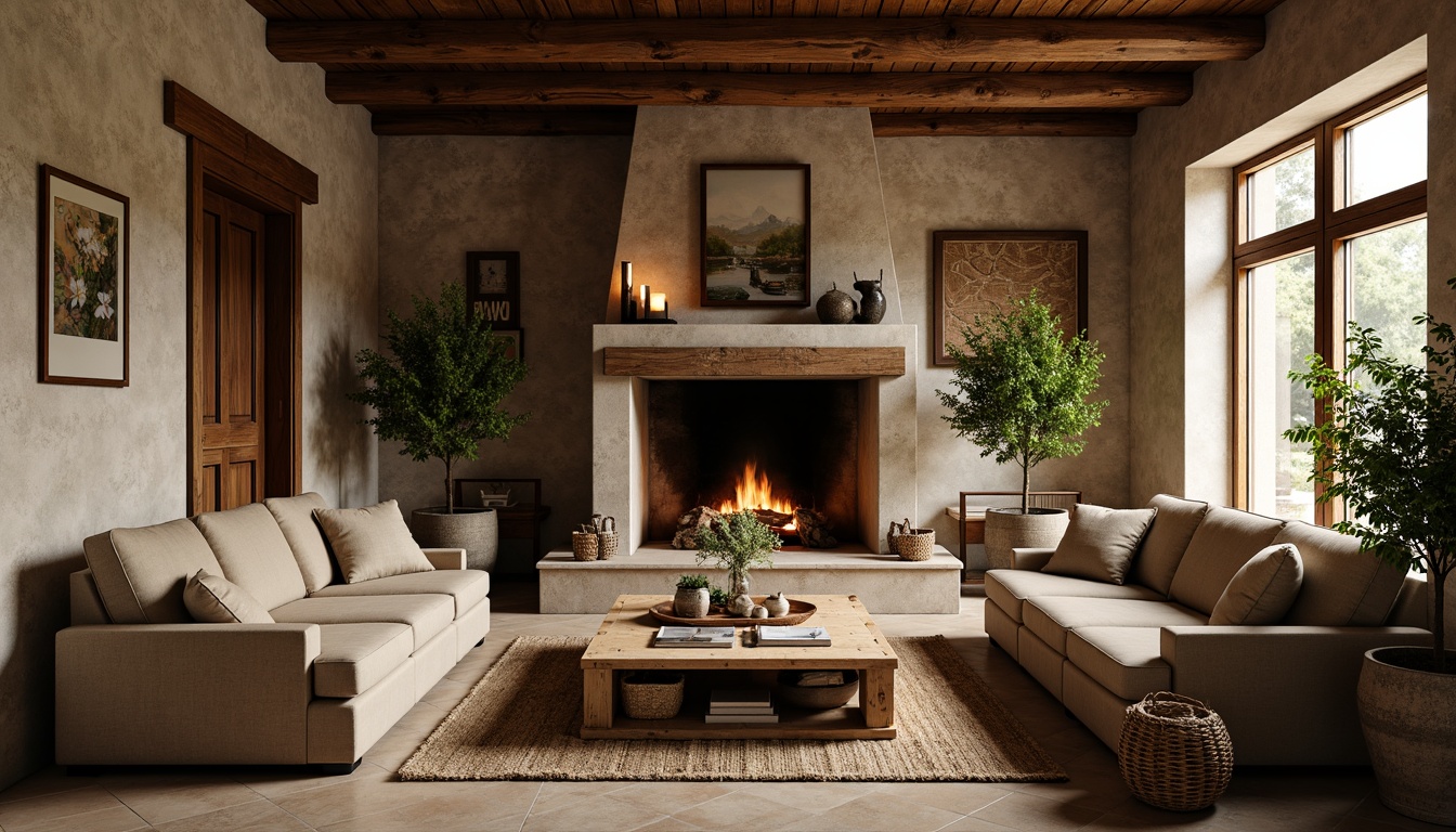 Prompt: Rustic-chic living room, reclaimed wood furniture, earthy tones, stone walls, wooden beams, vintage decor, distressed finishes, natural textiles, woven baskets, potted greenery, candlelight ambiance, warm cozy atmosphere, shallow depth of field, 1/1 composition, realistic textures, ambient occlusion.