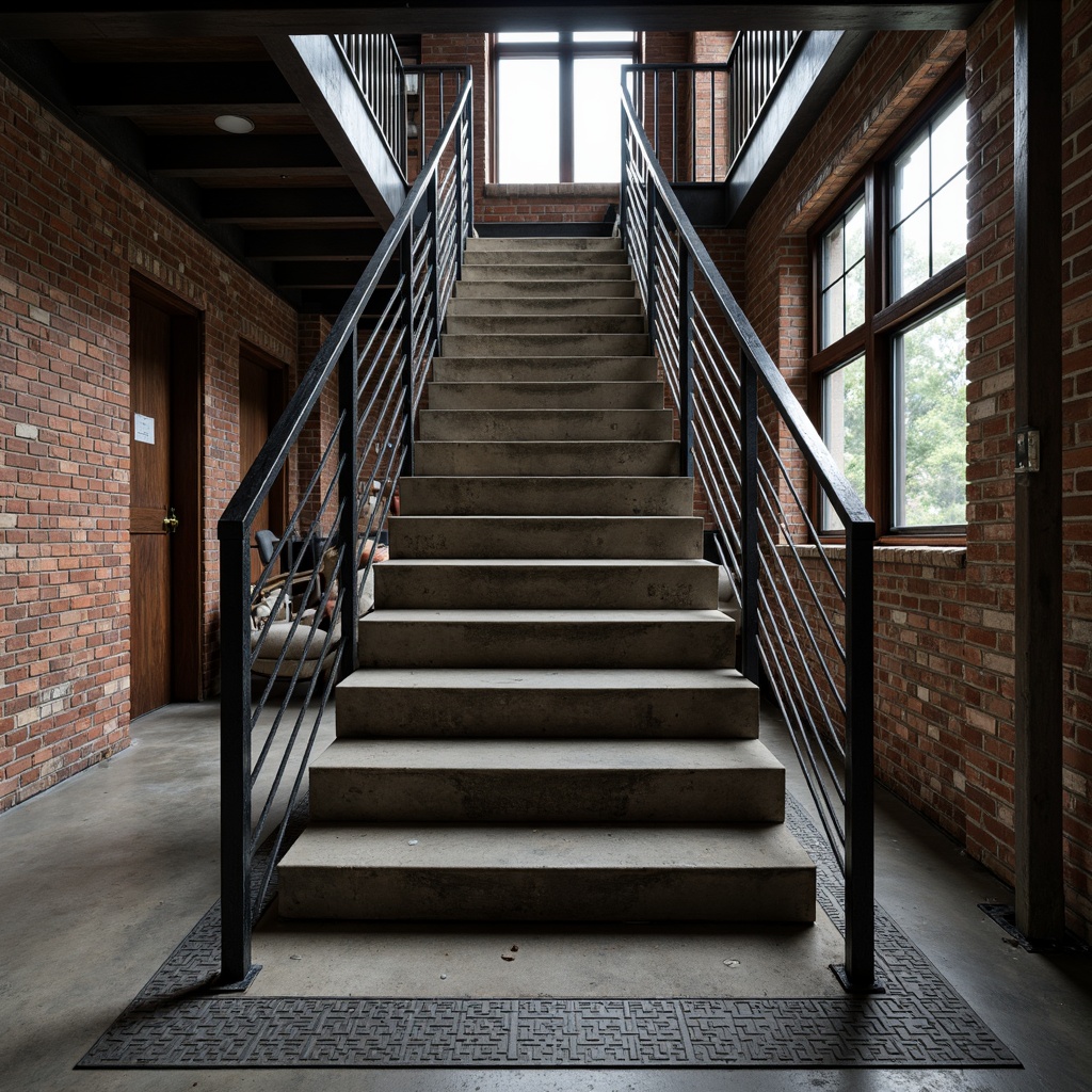 Prompt: \Rugged industrial staircase, metal railings, anti-slip flooring, textured concrete surfaces, high-traffic durability, heavy-duty steel beams, exposed brick walls, urban loft aesthetic, raw unfinished look, overhead lighting, dramatic shadows, 1/1 composition, gritty realistic textures, ambient occlusion.\