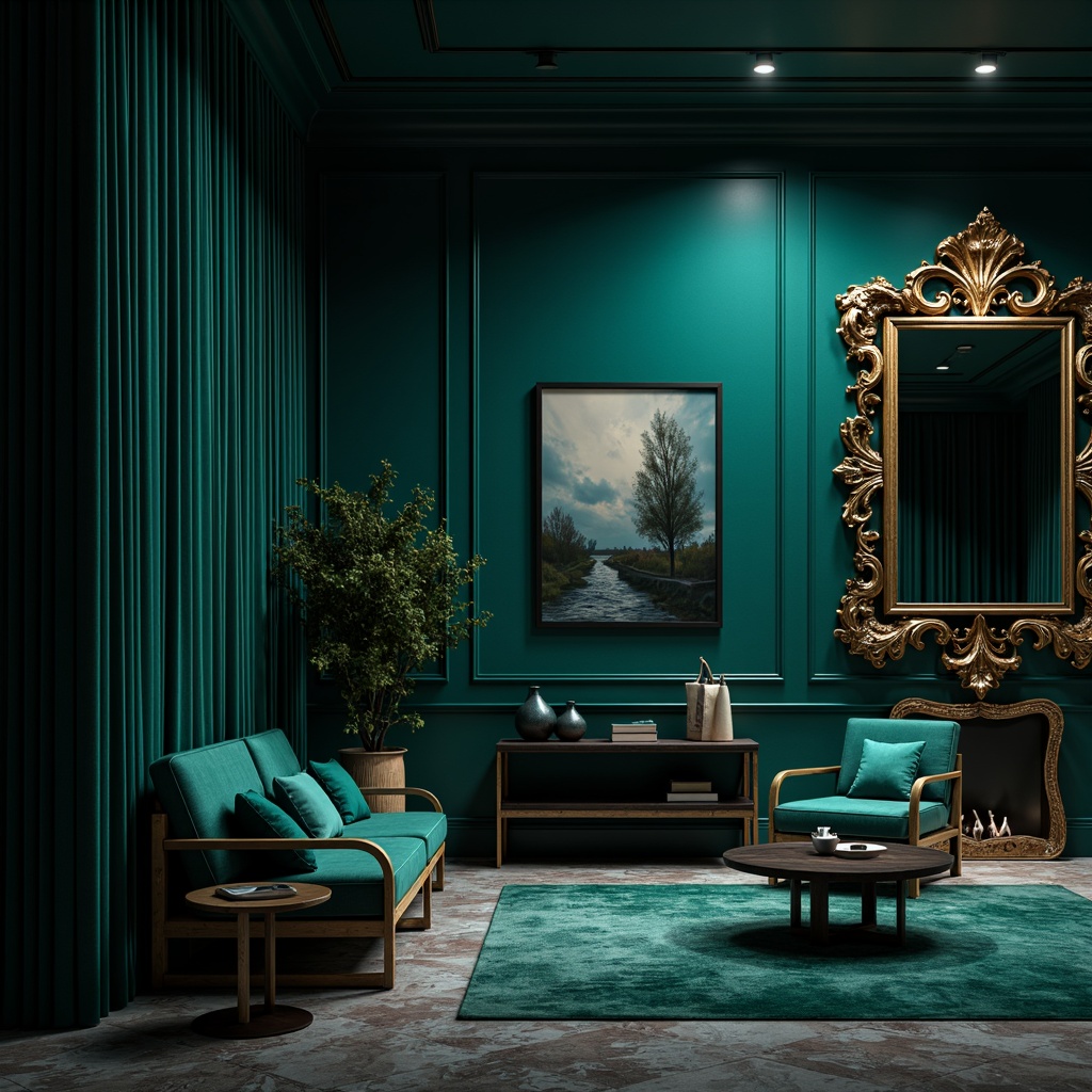 Prompt: Dark cyan walls, mysterious ambiance, rich velvet drapes, luxurious furnishings, metallic accents, moody lighting, atmospheric shadows, sleek modern decor, abstract art pieces, polished marble floors, sophisticated color scheme, dramatic ceiling fixtures, ornate mirrors, lavish textiles, deep jewel tones, subtle gradient effects, cinematic atmosphere, 3/4 composition, low-key lighting, realistic reflections.