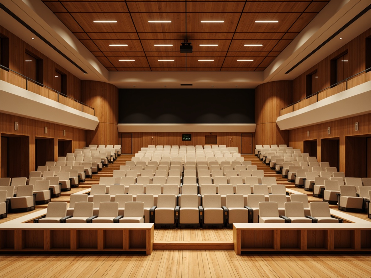 Prompt: Academic auditorium interior, wooden flooring, tiered seating, sound-absorbing acoustic panels, minimalist lighting fixtures, curved balconies, rich wood tones, warm beige walls, comfortable padded chairs, subtle texture variations, natural material palette, optimized speaker placement, immersive audio experience, 1/2 composition, softbox lighting, realistic fabric textures, ambient occlusion.