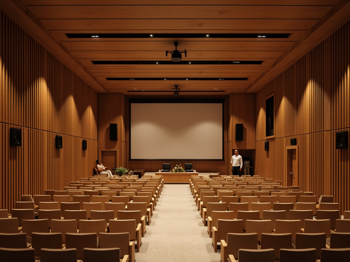 Prompt: Elegant university auditorium, wooden paneling, sound-absorbing materials, minimal reverberation time, optimal speaker placement, acoustic ceilings, soundproof doors, quiet air conditioning systems, intimate seating arrangements, warm neutral color palette, subtle lighting design, 1/2 composition, soft focus, realistic textures, ambient occlusion.