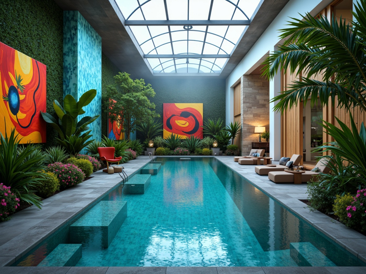 Prompt: Vibrant indoor swimming pool, lush greenery, exotic plants, tropical palm trees, colorful flowers, wavy lines, abstract shapes, bold brushstrokes, expressive colors, distorted forms, dreamy ambiance, soft focus, warm lighting, misty atmosphere, natural stone walls, sleek modern furniture, minimal decorations, abstract artwork, dynamic composition, 1/2 perspective, shallow depth of field, impressionistic textures.