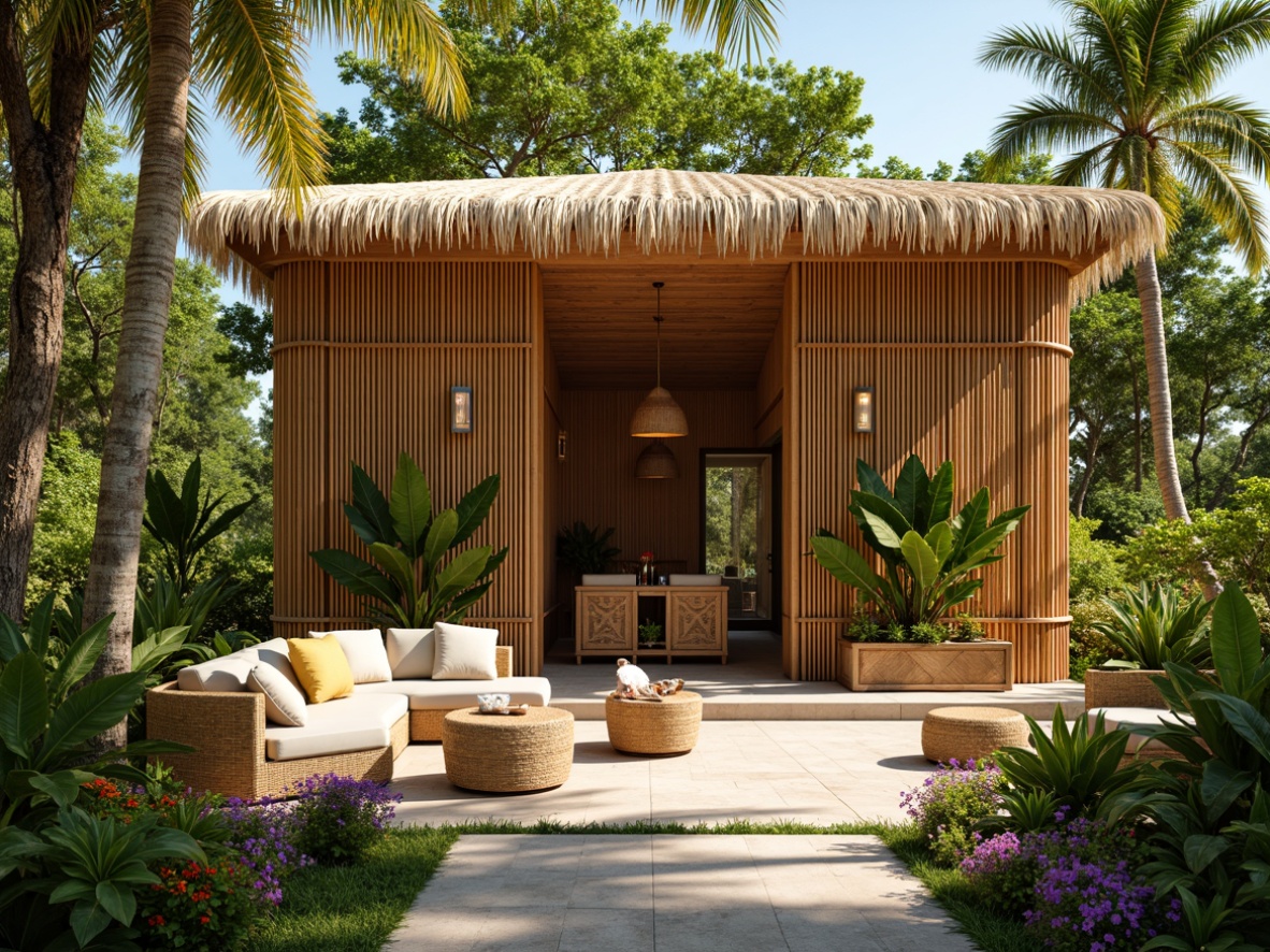 Prompt: Tropical storage shed, woven bamboo walls, thatched roof, natural wood accents, rattan furniture, vibrant tropical plants, colorful flowers, sunny day, warm soft lighting, shallow depth of field, 3/4 composition, panoramic view, realistic textures, ambient occlusion, modern minimalist design, sleek metal frames, glass doors, climate-controlled storage units, humidity-resistant materials, innovative ventilation systems, rustic wooden crates, woven baskets, rattan storage bins, decorative conch shells, tropical leaf patterns.