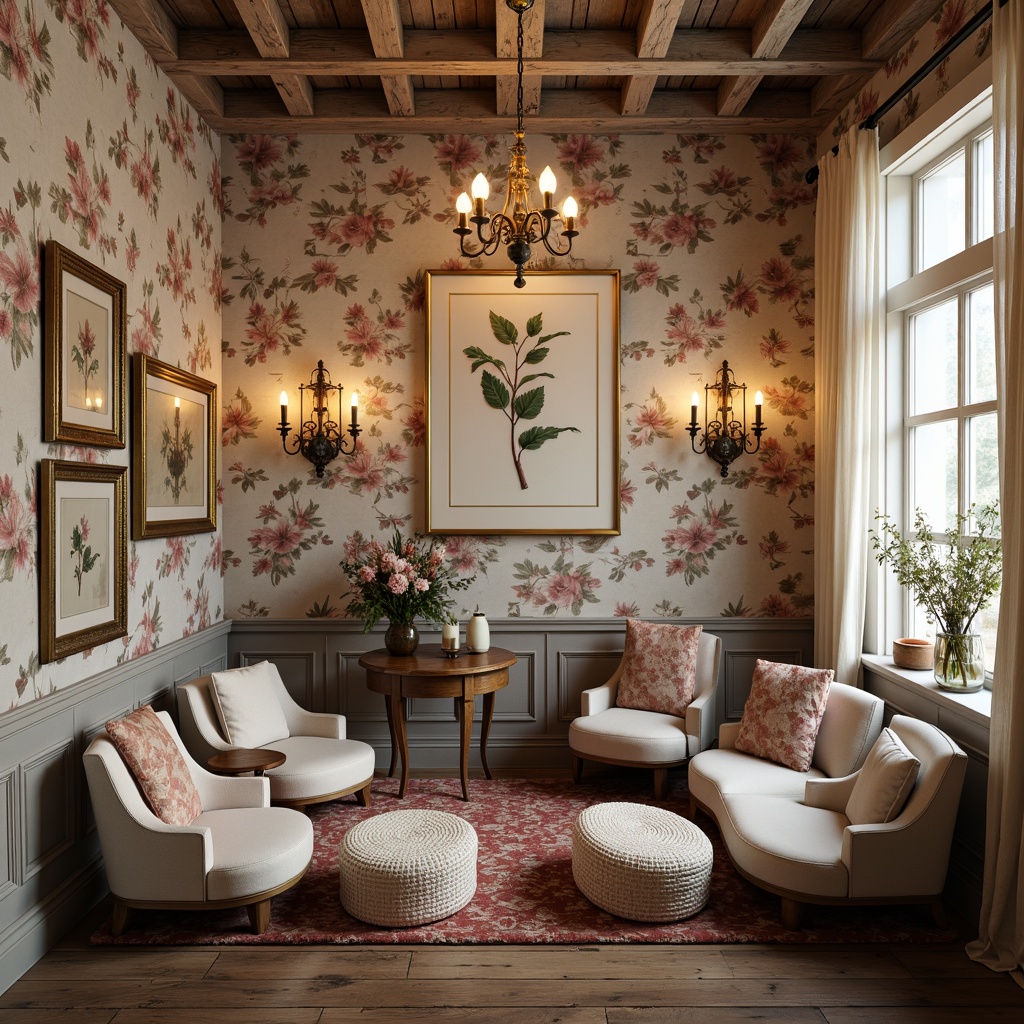 Prompt: Distressed wall finishes, vintage floral patterns, soft pastel hues, worn wooden accents, distressed brick textures, rustic stone walls, antique furnishings, lace curtains, delicate chandeliers, warm candlelight, cozy nooks, plush area rugs, faded botanical prints, ornate gold frames, whimsical wall art, layered fabrics, ruffled drapes, romantic ambiance, soft focus photography, 1/1 composition, warm golden lighting, subtle texture overlay.