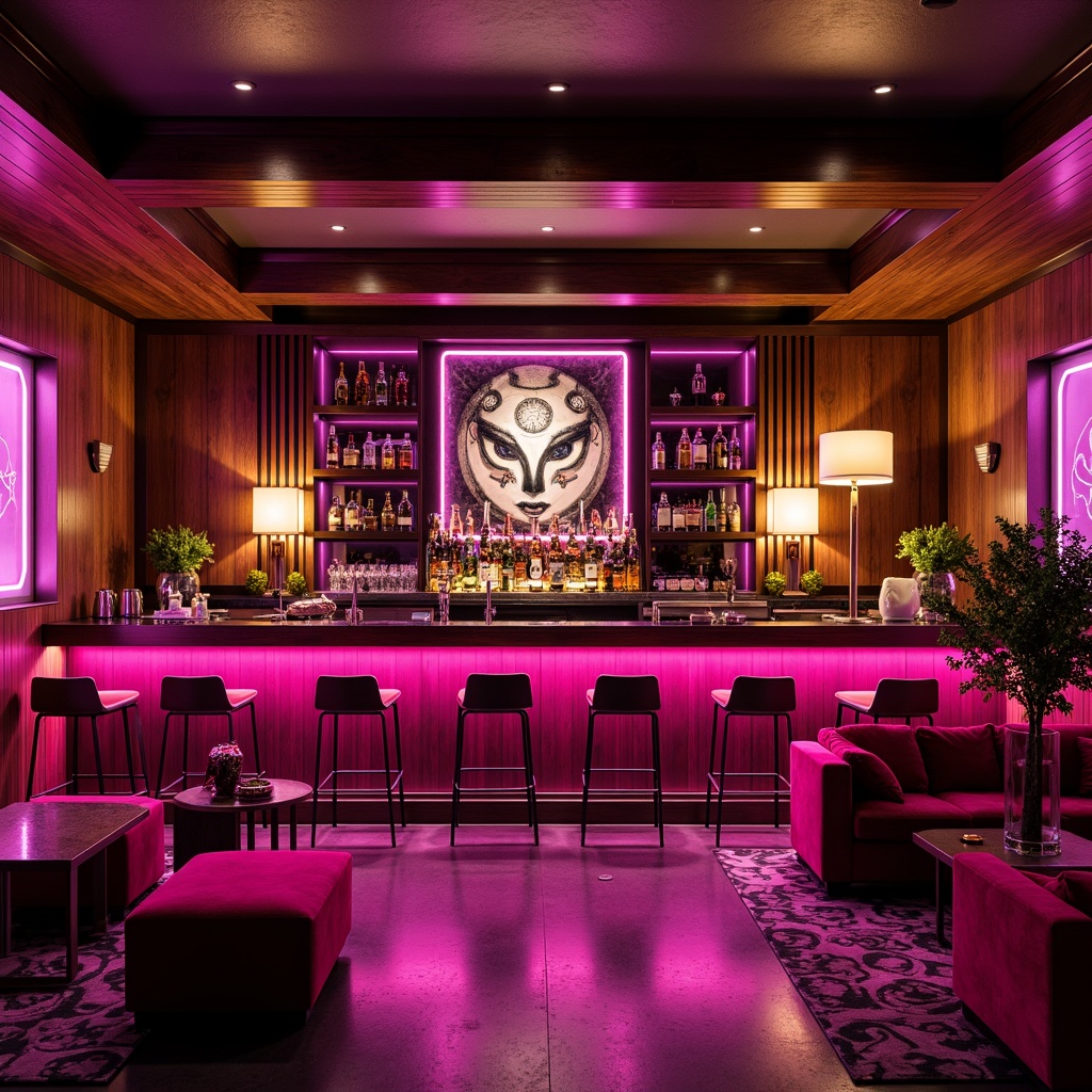 Prompt: Vibrant magenta home bar, rich wood tones, metallic accents, bold geometric patterns, neon lights, glossy countertops, statement furniture pieces, moody atmospheric lighting, dark floors, pops of bright colors, luxurious velvet textures, abstract artwork, eclectic decorative accessories, urban industrial chic ambiance, dramatic shadows, 3/4 composition, low-key warm illumination.