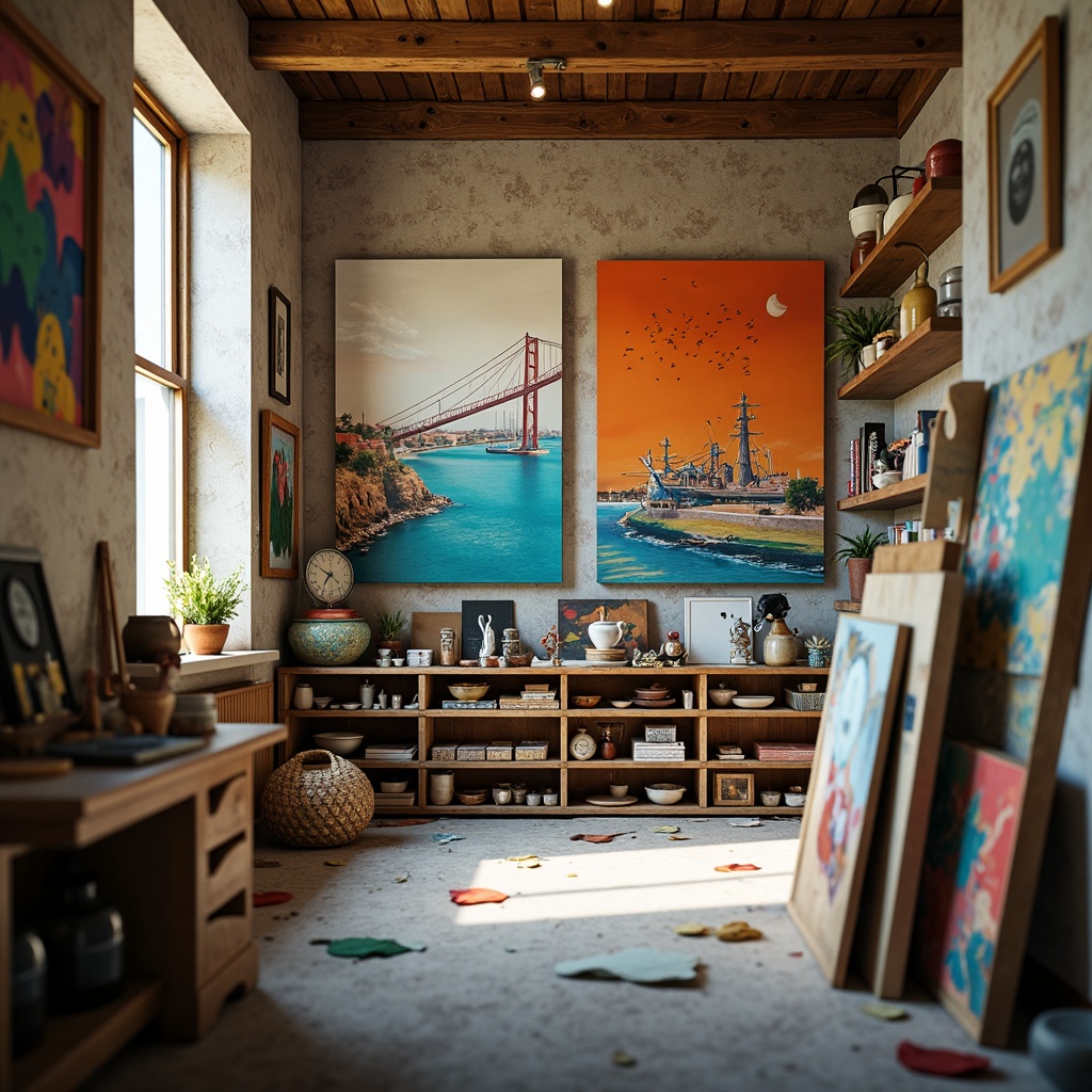 Prompt: Vibrant art studio, eclectic mix of colors, bold brushstrokes, textured canvases, artistic freedom, abstract expressionism, pastel hues, rich jewel tones, metallic accents, warm golden lighting, shallow depth of field, 1/1 composition, realistic textures, ambient occlusion.