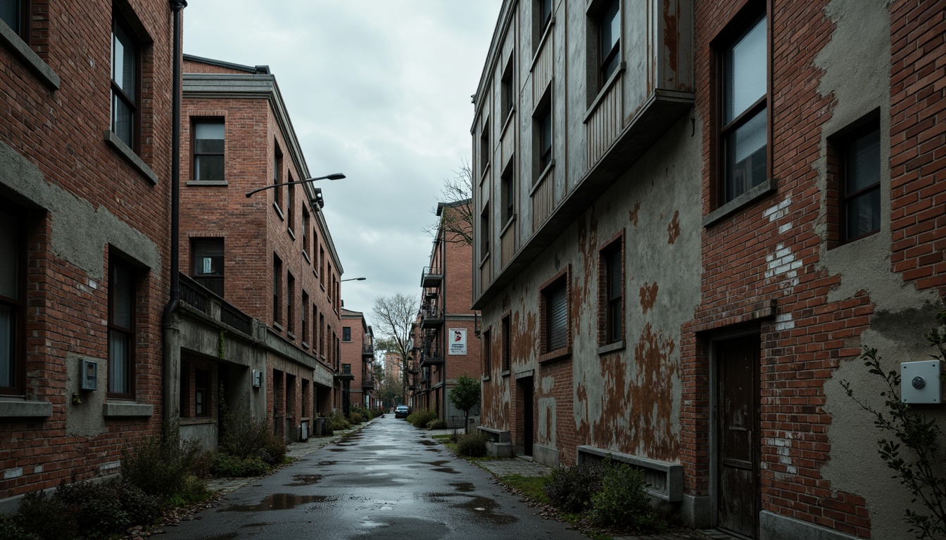 Prompt: Weathered industrial buildings, exposed brick walls, rusty metal accents, distressed wooden planks, peeling paint, rough stone foundations, urban cityscape, cloudy grey sky, dramatic lighting, high contrast ratio, gritty realistic textures, cinematic atmosphere, shallow depth of field, 2/3 composition, wide-angle lens, moody color palette, industrial landscape.