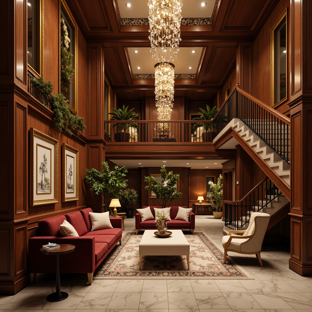 Prompt: Luxurious hotel lobby, rich wood tones, intricately carved furniture, plush velvet sofas, ornate golden frames, crystal chandeliers, elegant marble floors, grand staircase, refined traditional architecture, warm ambient lighting, soft focus photography, 1/2 composition, realistic textures, subtle depth of field.