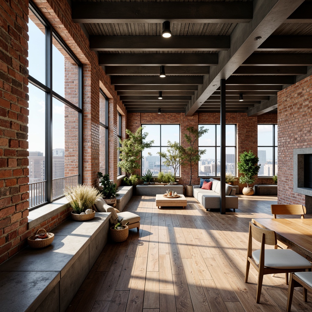 Prompt: Exposed brick walls, reclaimed wood floors, natural stone countertops, industrial metal beams, minimalist decor, modern loft space, open-plan living area, floor-to-ceiling windows, urban city views, soft warm lighting, shallow depth of field, 3/4 composition, realistic textures, ambient occlusion, comfortable furniture, plush textiles, earthy color palette, organic shapes, natural fibers, woven baskets, potted plants, greenery accents.