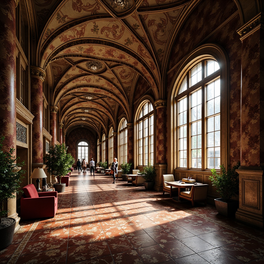 Prompt: Intricate floral patterns, sinuous curves, organic forms, luxurious materials, ornate metalwork, stained glass windows, grandiose architecture, sweeping archways, decorative cornices, opulent furnishings, velvety textures, jewel-toned colors, soft warm lighting, dramatic shadows, shallow depth of field, 3/4 composition, panoramic view, realistic textures, ambient occlusion.