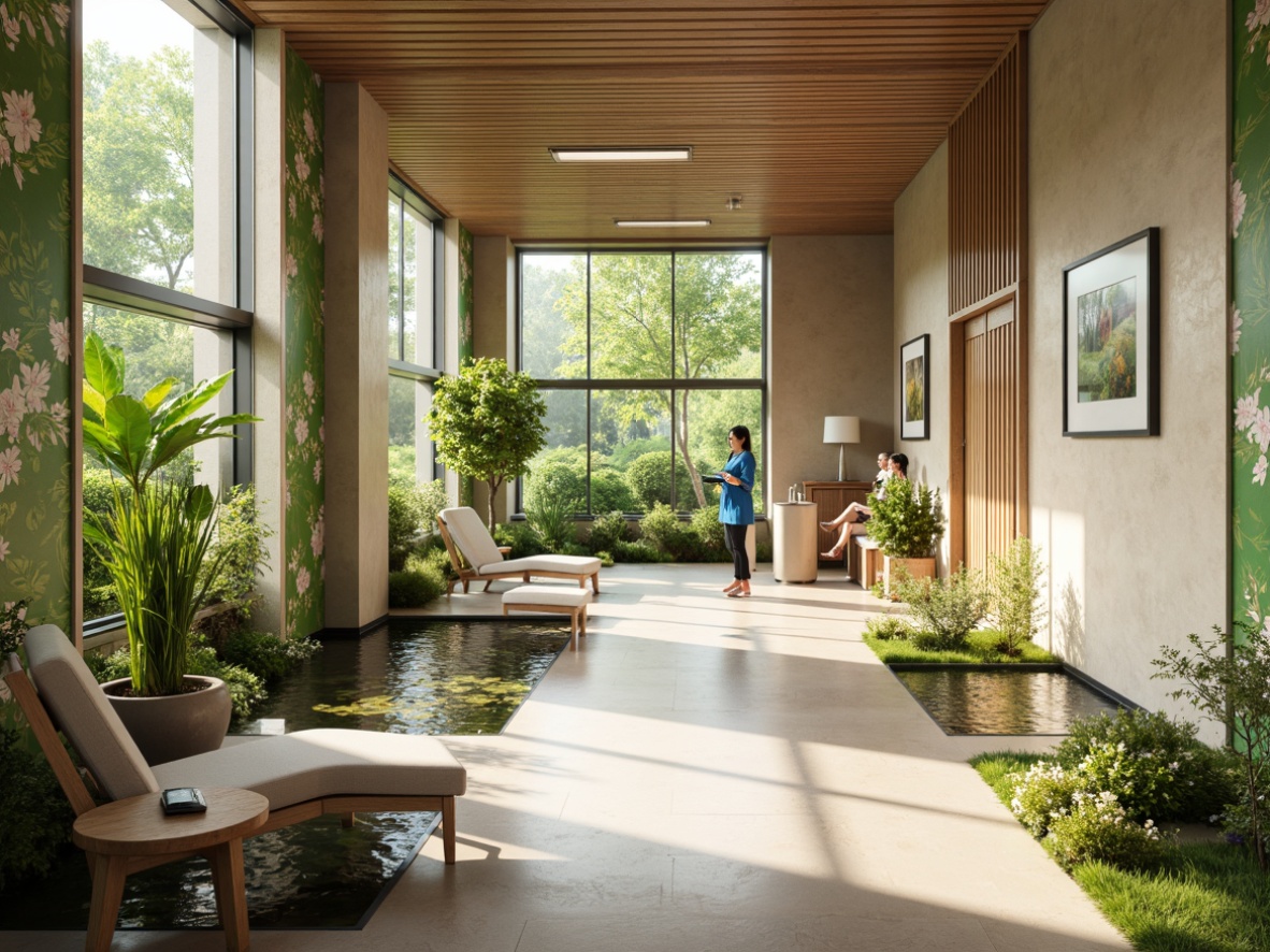 Prompt: Soothing healthcare facility, calming atmosphere, gentle natural light, lush green walls, vibrant floral patterns, wooden accents, comfortable seating areas, peaceful water features, subtle color schemes, organic textures, minimalist decor, nature-inspired artwork, serene soundscapes, warm beige tones, cozy waiting rooms, ergonomic furniture, accessible ramps, wheelchair-friendly spaces, soft diffused lighting, shallow depth of field, 1/1 composition, realistic renderings, ambient occlusion.