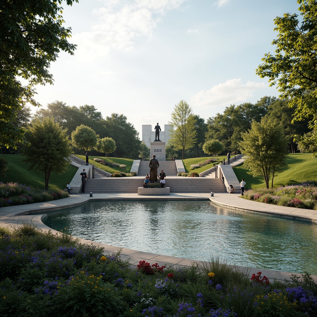 Prompt: Serene memorial park, tranquil water features, gentle slopes, winding pathways, commemorative statues, historic monuments, lush greenery, vibrant flowers, subtle lighting, shallow depth of field, 3/4 composition, panoramic view, realistic textures, ambient occlusion, solemn atmosphere, respectful ambiance, contemplative mood, subtle color palette, natural stone materials, weathered bronze details, elegant typography, subtle patterns, harmonious spatial flow.