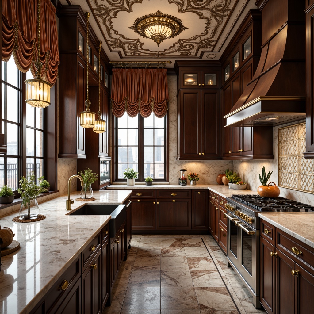 Prompt: Intricate kitchen cabinets, ornate golden hardware, rich brown wood tones, luxurious marble countertops, elegant curved lines, lavish chandeliers, sophisticated pendant lights, opulent island tables, intricate fresco ceiling designs, grandiose range hoods, exquisite ceramic tile backsplashes, regal velvet drapes, warm ambient lighting, soft focus, shallow depth of field, 2/3 composition, realistic textures, high-contrast rendering.