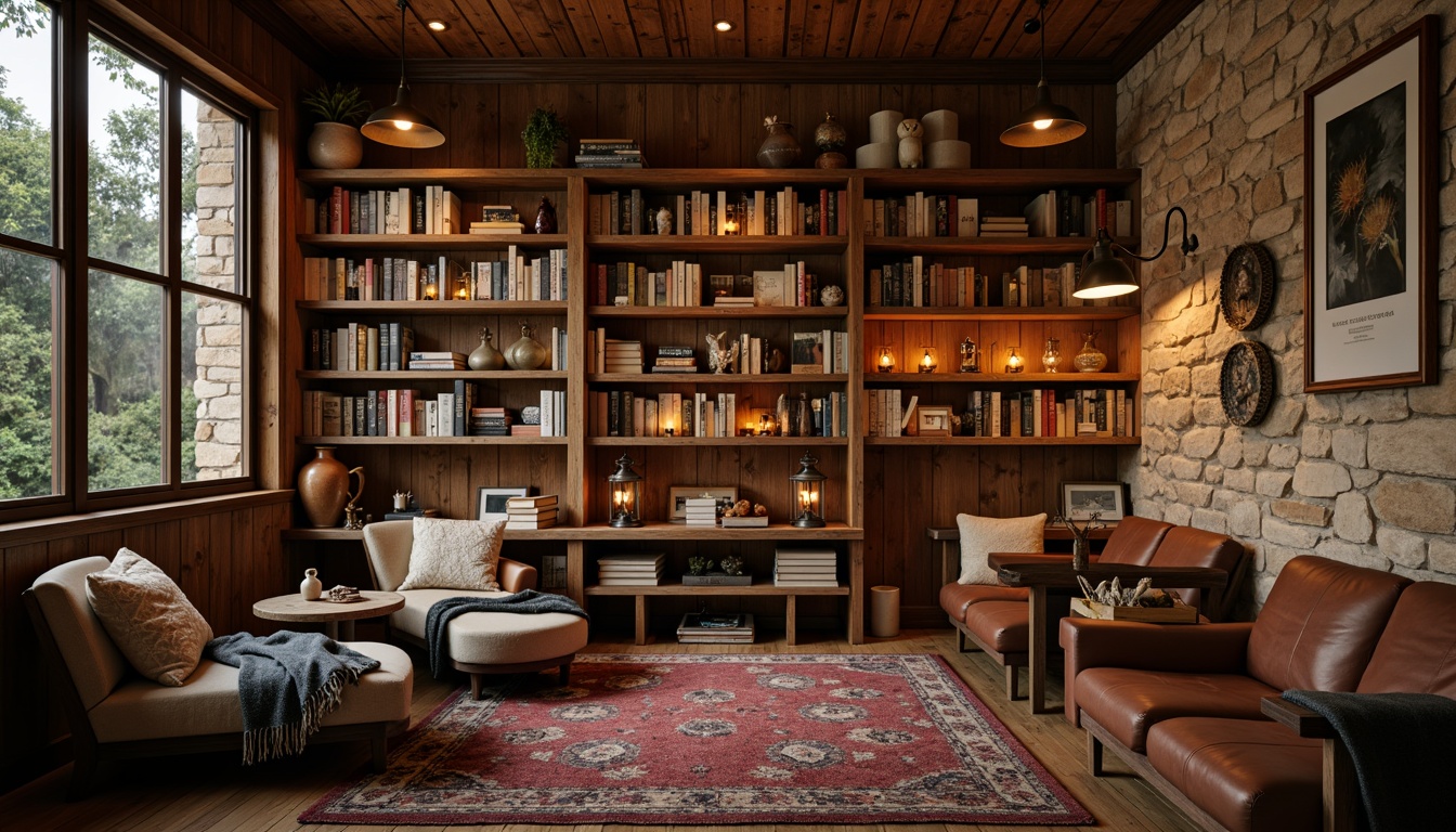 Prompt: Cozy reading nook, reclaimed wooden shelves, vintage metal lanterns, plush throw blankets, comfortable armchairs, earthy tone fabrics, natural stone walls, rustic wooden tables, distressed leather sofas, warm candlelight, soft warm lighting, shallow depth of field, 1/1 composition, intimate atmosphere, realistic textures, ambient occlusion.