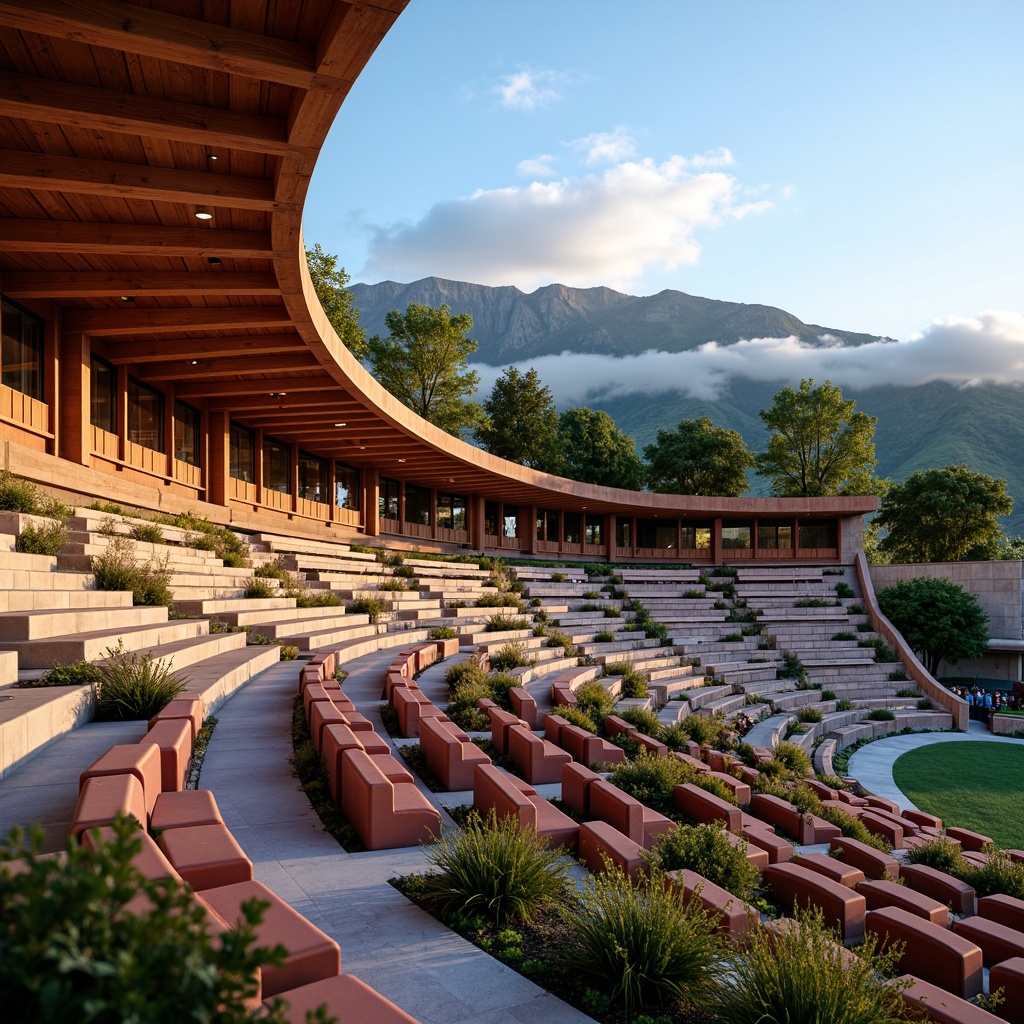 Prompt: Grandstand seating, sweeping arches, undulating curves, organic shapes, vibrant color schemes, natural stone materials, polished wood accents, dynamic lighting systems, warm evening ambiance, shallow depth of field, 1/1 composition, symmetrical framing, realistic textures, ambient occlusion, lush greenery, blooming flowers, panoramic views, distant misty mountains.