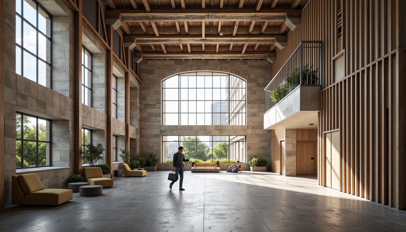 Prompt: Weathered stone walls, distressed wood accents, industrial metal beams, sleek glass partitions, minimalist concrete floors, neutral color palette, modern courthouse architecture, grand atrium spaces, natural light pouring in, soft warm lighting, shallow depth of field, 3/4 composition, realistic textures, ambient occlusion.