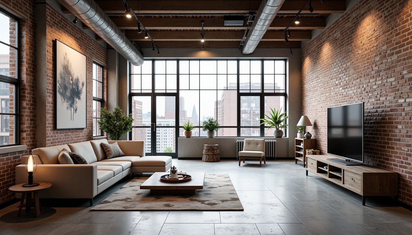 Prompt: Industrial chic loft interior, exposed brick walls, polished concrete floors, minimalist decor, modern sectional sofa, low-profile coffee table, geometric-patterned rug, floor-to-ceiling windows, urban cityscape views, industrial-style lighting fixtures, metal beams, reclaimed wood accents, neutral color palette, abstract artwork, sleek TV stand, built-in shelving units, cozy reading nook, natural textiles, warm task lighting, shallow depth of field, 1/1 composition, atmospheric perspective.