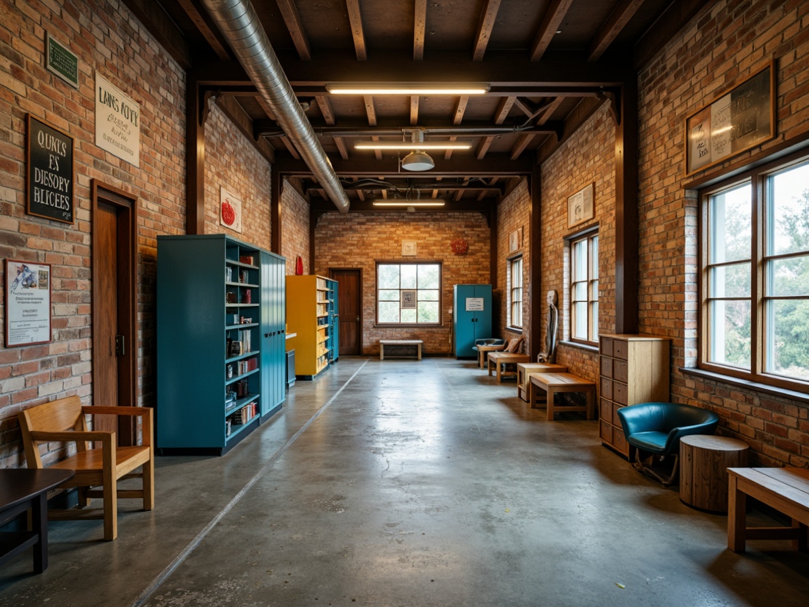 Prompt: Rustic middle school building, earthy tone bricks, rough stone walls, wooden accents, distressed metal doors, vintage signage, worn concrete floors, exposed ductwork, industrial lighting fixtures, eclectic mix of furniture, playful color scheme, scattered lockers, bustling hallway atmosphere, soft natural light, subtle warm glow, 1/1 composition, intimate close-up shots, realistic wear and tear, ambient occlusion.