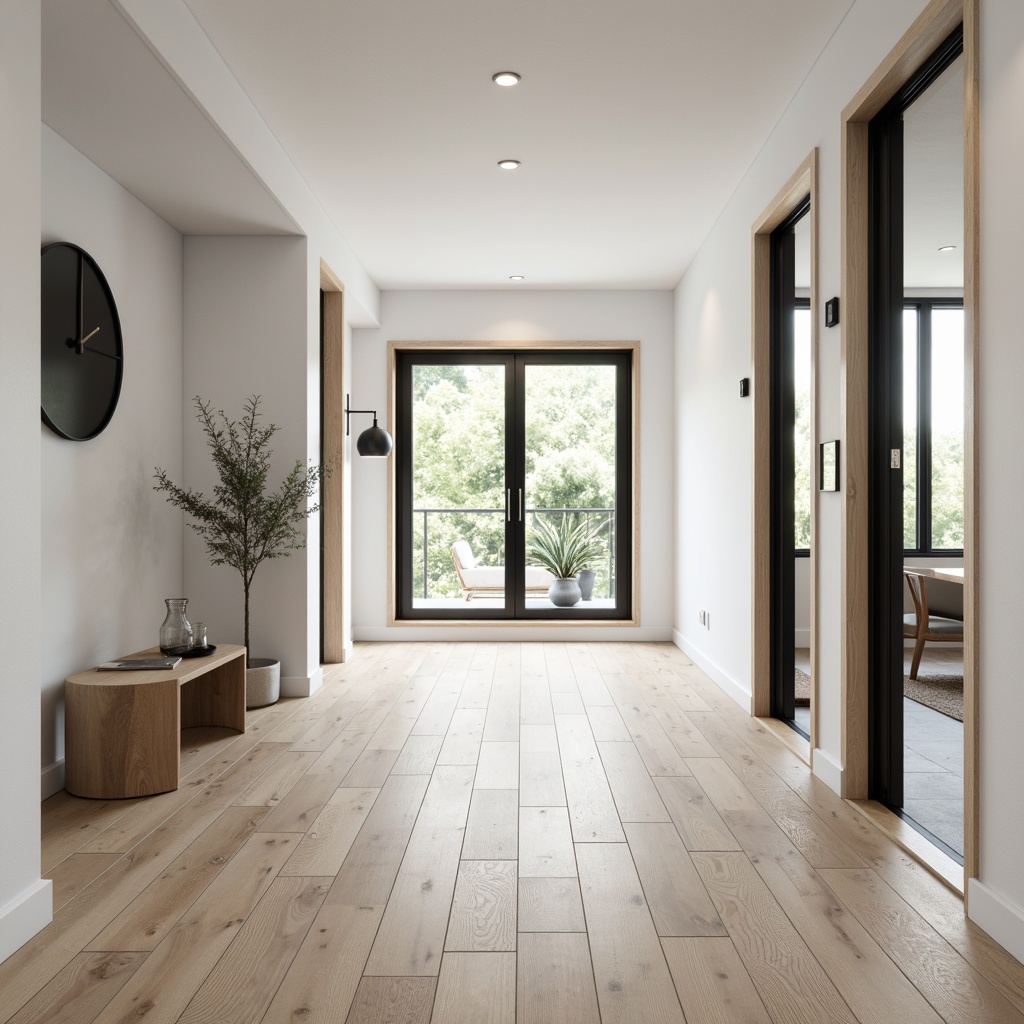 Prompt: Light-filled Scandinavian-style entryway, wooden flooring, pale ash wood, matte finish, subtle grain texture, minimalist aesthetic, neutral color palette, natural materials, airy atmosphere, industrial chic accents, metal frame doors, large windows, soft diffused lighting, 1/1 composition, shallow depth of field, realistic textures, ambient occlusion.