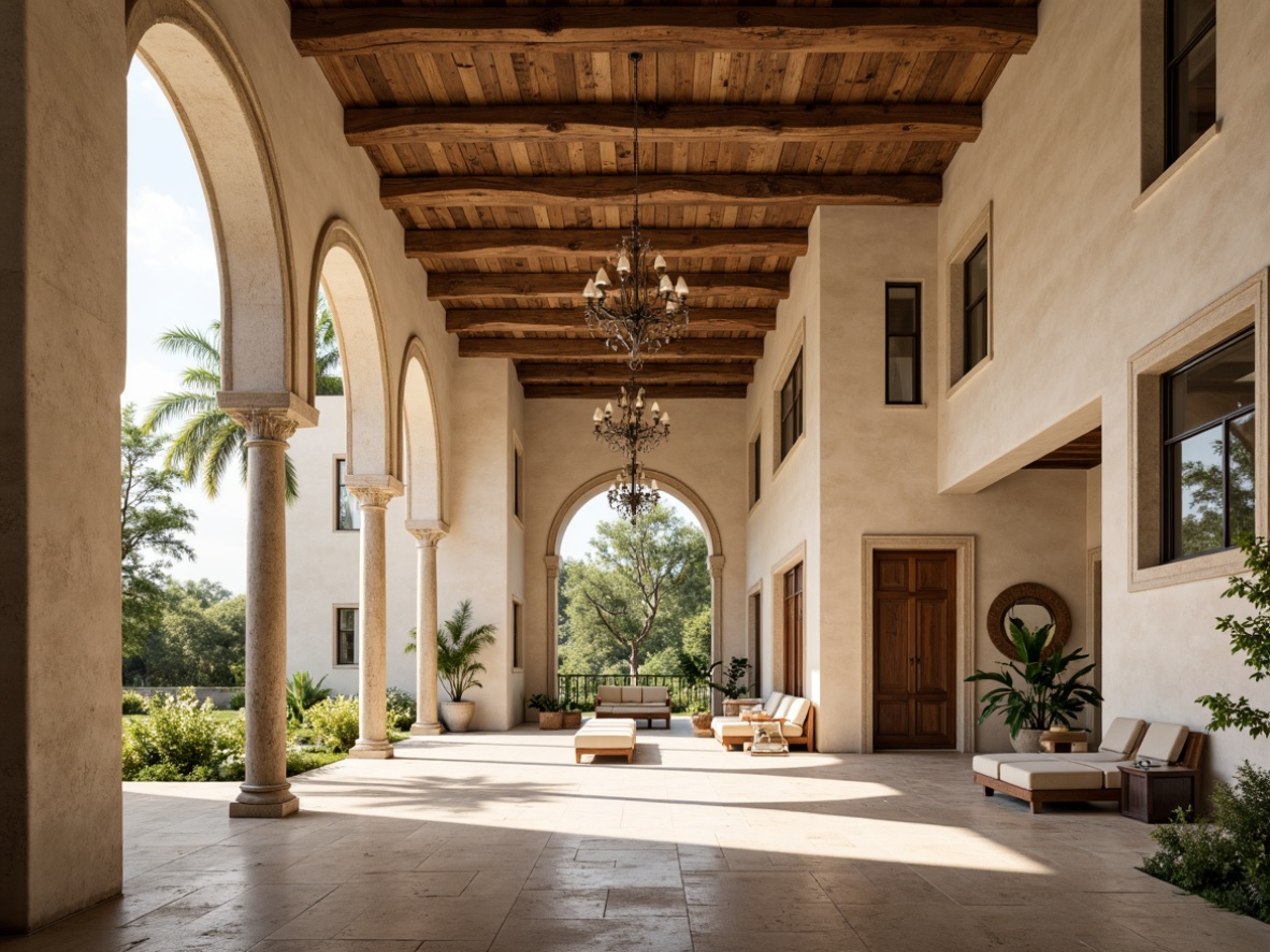 Prompt: Grand archways, Mediterranean Revival style, ornate carvings, cream-colored stucco walls, high ceilings, expansive great rooms, natural stone flooring, elegant chandeliers, lavish furnishings, warm beige colors, rustic wood accents, lush greenery, sunny windows, soft diffused lighting, 1/1 composition, symmetrical framing, realistic textures, ambient occlusion.