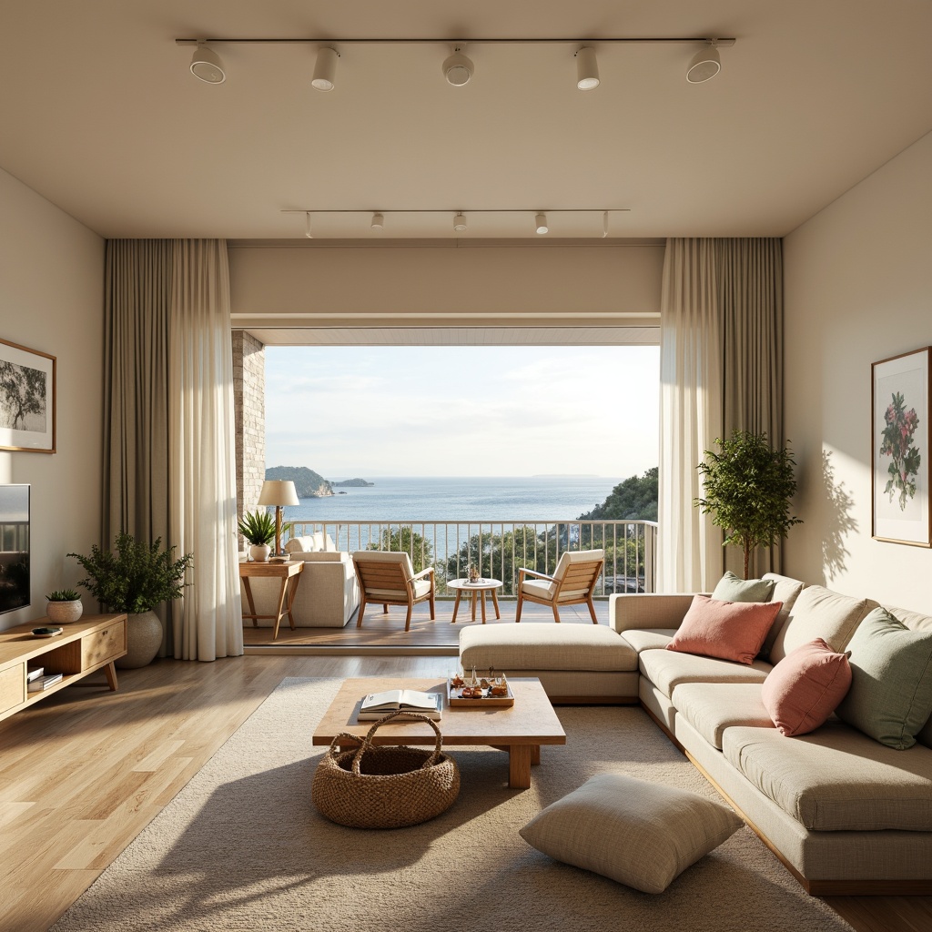 Prompt: Coastal apartment, calming ocean views, soft sandy beige walls, driftwood furniture, seafoam green accents, coral pink hues, weathered wooden floors, natural linen textiles, sheer white curtains, beachy vibe, warm golden lighting, shallow depth of field, 1/1 composition, realistic textures, ambient occlusion.