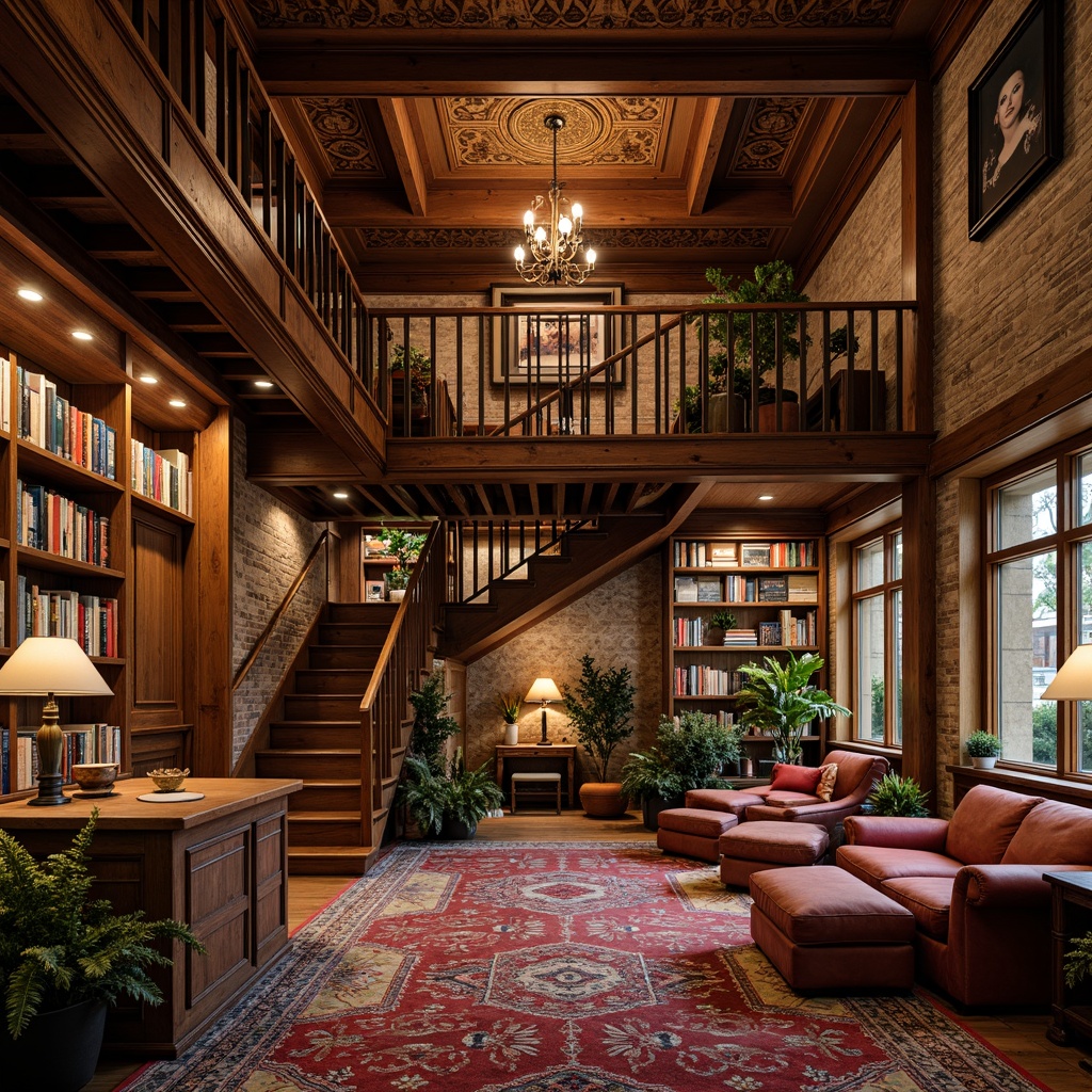 Prompt: Cozy bookstore interior, wooden bookshelves, vintage ladder, eclectic furniture, plush carpets, warm floor lamps, rustic brick walls, ornate ceiling fixtures, grand staircase, mezzanine level, intimate reading nooks, comfortable sofas, vibrant colorful rugs, abstract art pieces, geometric patterned wallpaper, soft warm lighting, shallow depth of field, 1/2 composition, realistic textures, ambient occlusion.