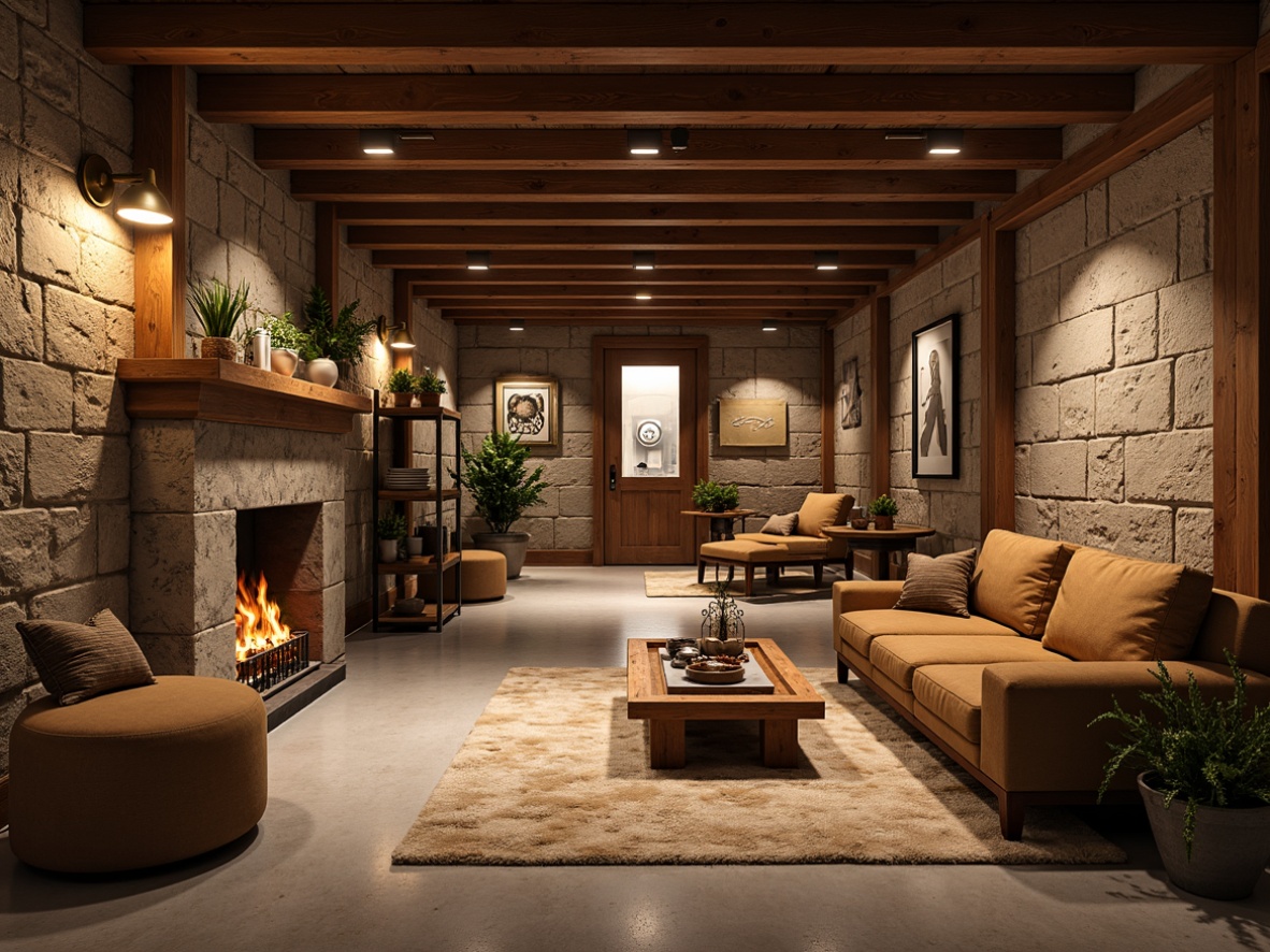 Prompt: Cozy basement interior, warm ambiance, rustic wood flooring, polished concrete surfaces, textured carpeting, soft plush rugs, natural stone tiles, industrial-style metal grids, modern epoxy coatings, sleek laminate designs, ambient downlighting, 1/1 composition, shallow depth of field, realistic reflections.