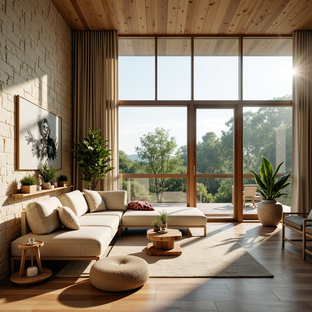 Prompt: Vibrant living room, floor-to-ceiling windows, natural stone walls, wooden flooring, minimalist decor, soft warm lighting, shallow depth of field, 1/1 composition, panoramic view, realistic textures, ambient occlusion, bright airy atmosphere, greenery views, lush plants, morning sunlight, gentle shadows, warm beige tones, creamy whites, earthy browns, sleek modern furniture, geometric patterns, natural textiles.