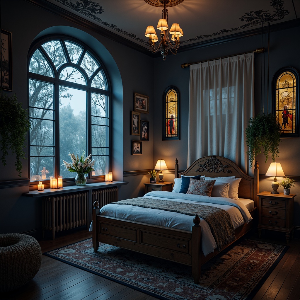 Prompt: Mysterious kid's bedroom, dark wood furniture, ornate metal fixtures, stained glass windows, eerie lanterns, warm candlelight, mystical moonlit night, foggy atmosphere, mysterious shadows, intricate stone carvings, grandiose chandeliers, luxurious velvet drapes, cobweb-covered corners, spooky skeletons, whimsical winged creatures, magical fairy lights, 1/2 composition, dramatic spotlighting, soft misty lighting, high contrast ratio.