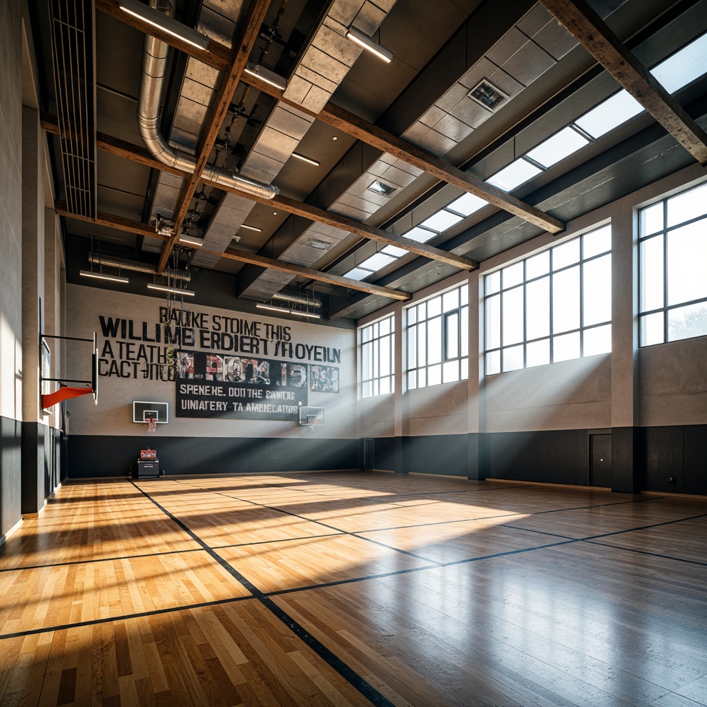 Prompt: Modern gymnasium interior, high ceilings, exposed ductwork, polished wooden floors, athletic equipment, basketball hoops, sports nets, motivational quotes, natural light pouring in, floor-to-ceiling windows, translucent skylights, softbox lighting, warm color temperature, high-intensity spotlights, dynamic shadows, 3-point lighting setup, contrast-rich ambiance, realistic reflections, subtle gradient effects, energetic atmosphere, afternoon sunlight, shallow depth of field, 2/3 composition.