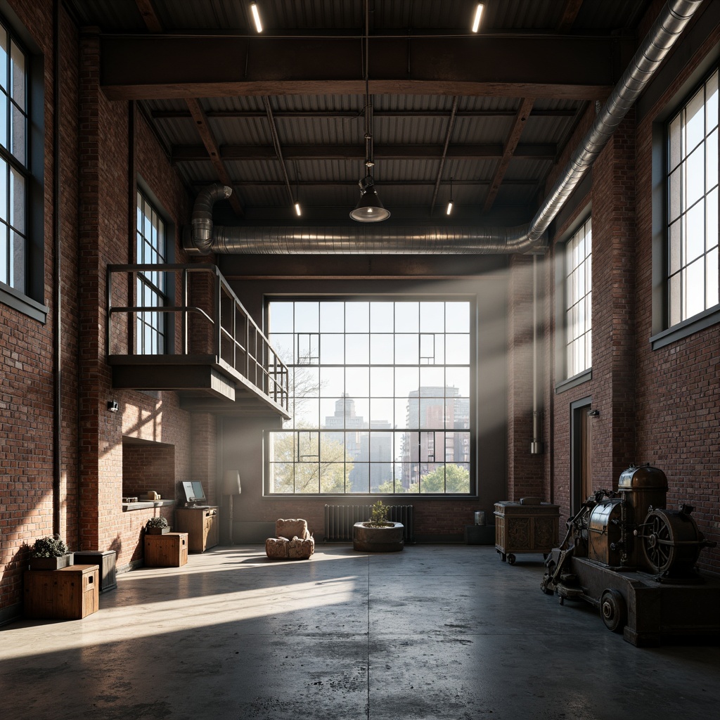 Prompt: Exposed brick walls, metal beams, industrial lighting fixtures, concrete floors, reclaimed wood accents, functional pipes, minimalist color palette, neutral tones, distressed textures, vintage machinery parts, abandoned factory atmosphere, natural light pouring through large windows, urban cityscape views, gritty realism, high contrast shadows, dramatic spotlighting, 1-point perspective composition, atmospheric fog, desaturated colors, worn metallic surfaces.