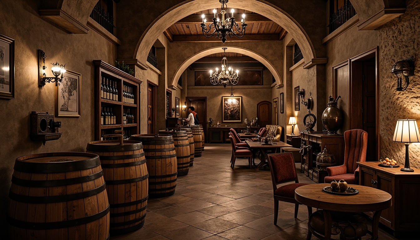 Prompt: Rustic wooden barrels, dimly lit ambiance, stone walls, arched ceilings, vintage wine-making equipment, ornate metalwork, distressed wood accents, earthy color palette, rich leather furnishings, elegant chandeliers, soft warm lighting, shallow depth of field, 1/2 composition, realistic textures, ambient occlusion.