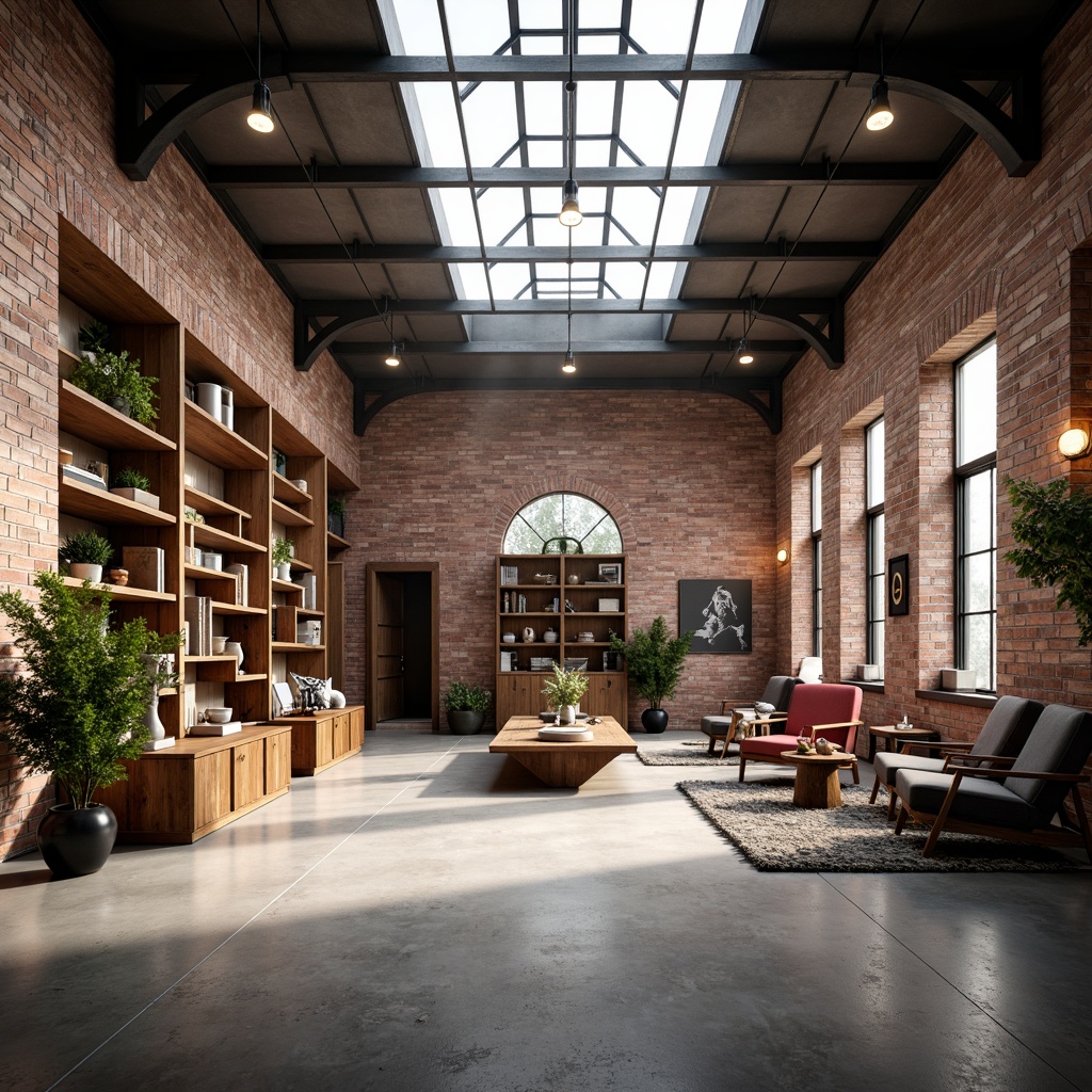 Prompt: Exposed brick walls, high ceilings, industrial metal beams, polished concrete floors, modern minimalist decor, reclaimed wood accents, Edison bulb lighting, airy open space, functional shelving units, eclectic art pieces, urban loft atmosphere, natural light pouring through large skylights, soft warm glow, shallow depth of field, 3/4 composition, panoramic view, realistic textures, ambient occlusion.