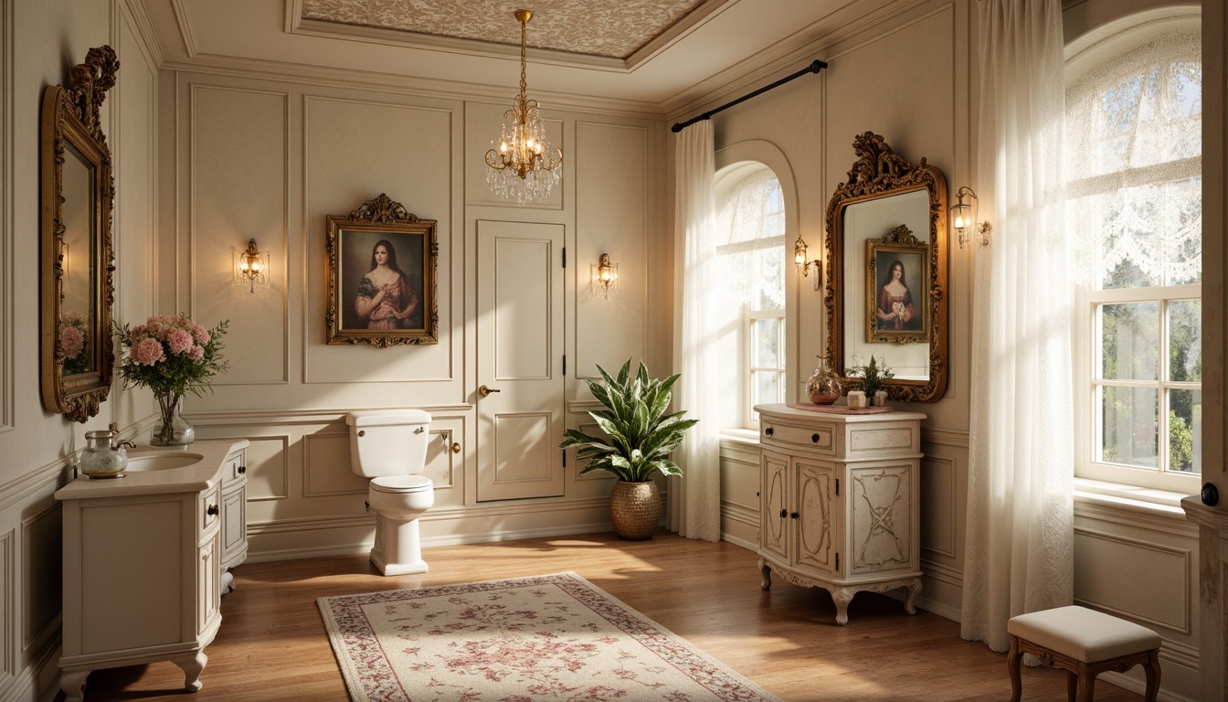 Prompt: Whimsical powder room, soft feminine decor, distressed finishes, vintage furniture, ornate mirrors, crystal chandeliers, warm candlelight, subtle shading, delicate lace curtains, floral patterns, pastel color palette, rustic wooden accents, antique fixtures, romantic ambiance, dreamy atmosphere, gentle glow, warm beige tones, elegant coving, decorative molding, luxurious textiles, subtle sparkle.