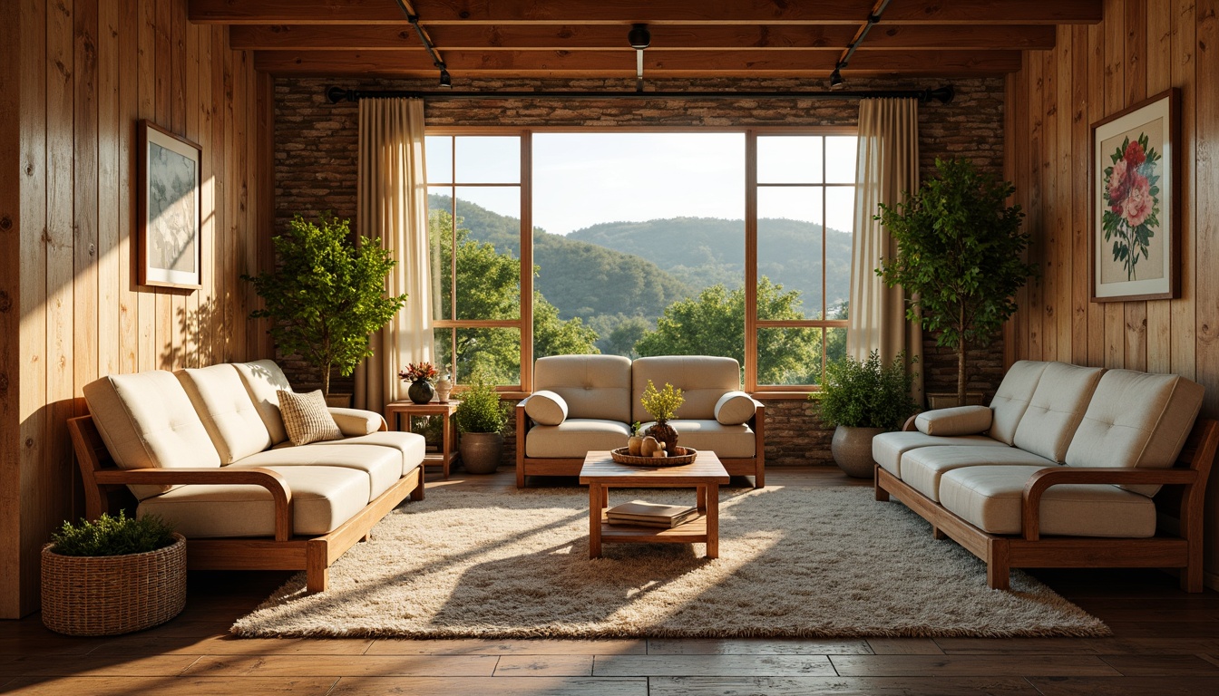 Prompt: Warm earthy tones, rustic wooden accents, natural stone walls, vintage metal decor, soft cream fabrics, distressed leather furniture, weathered brick exteriors, lush greenery surroundings, rolling hills landscape, sunny afternoon light, warm golden lighting, shallow depth of field, 1/1 composition, realistic textures, ambient occlusion.