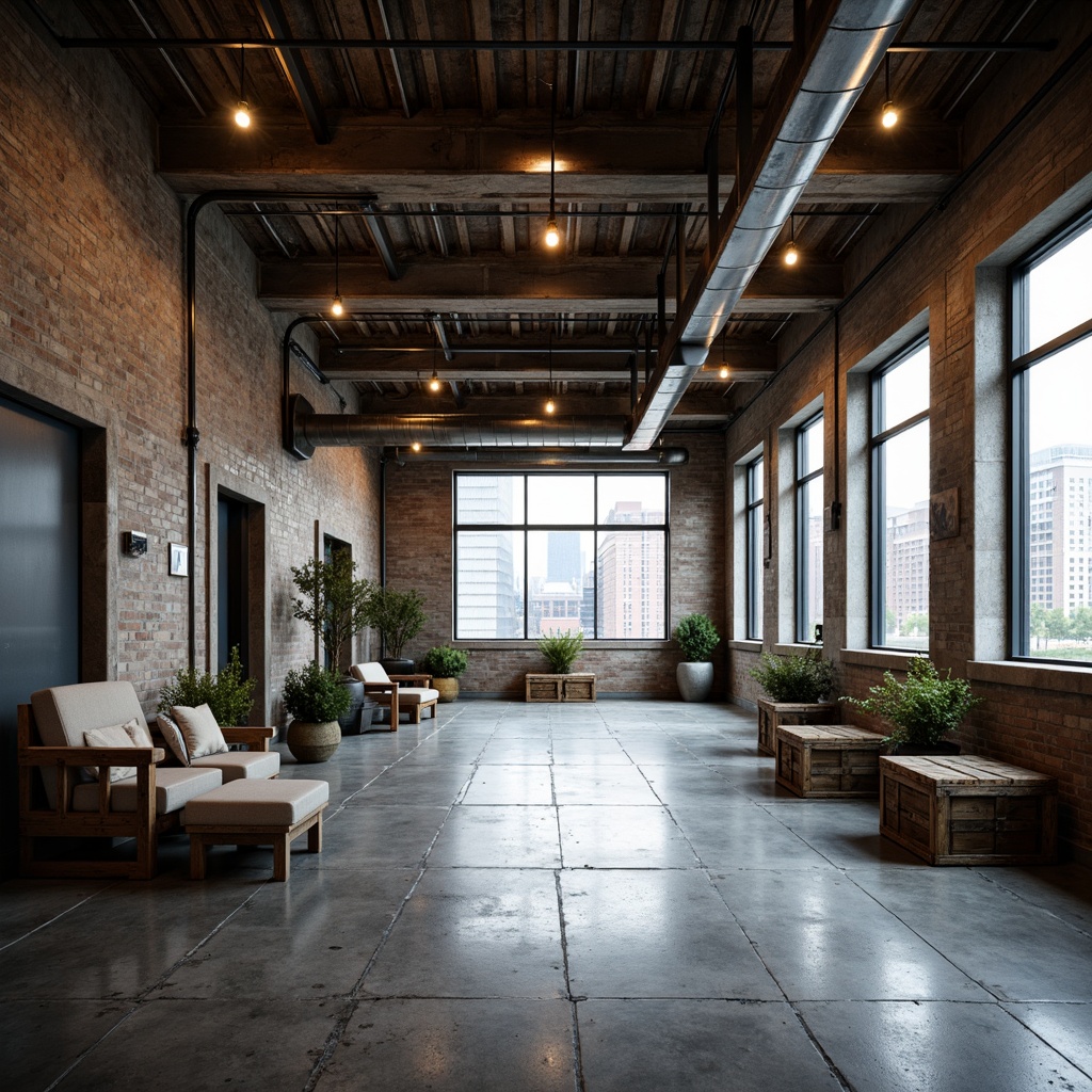 Prompt: Industrial warehouse, exposed ductwork, concrete floors, metal beams, urban loft atmosphere, reclaimed wood accents, Edison bulb lighting, brick walls, minimalist decor, functional spaces, open layouts, natural light pouring, high ceilings, airy feel, subtle color palette, distressed textures, industrial chic aesthetic, rustic metal details, worn wooden crates, urban cityscape views, dramatic shadows, low-key lighting, 1/2 composition, shallow depth of field.