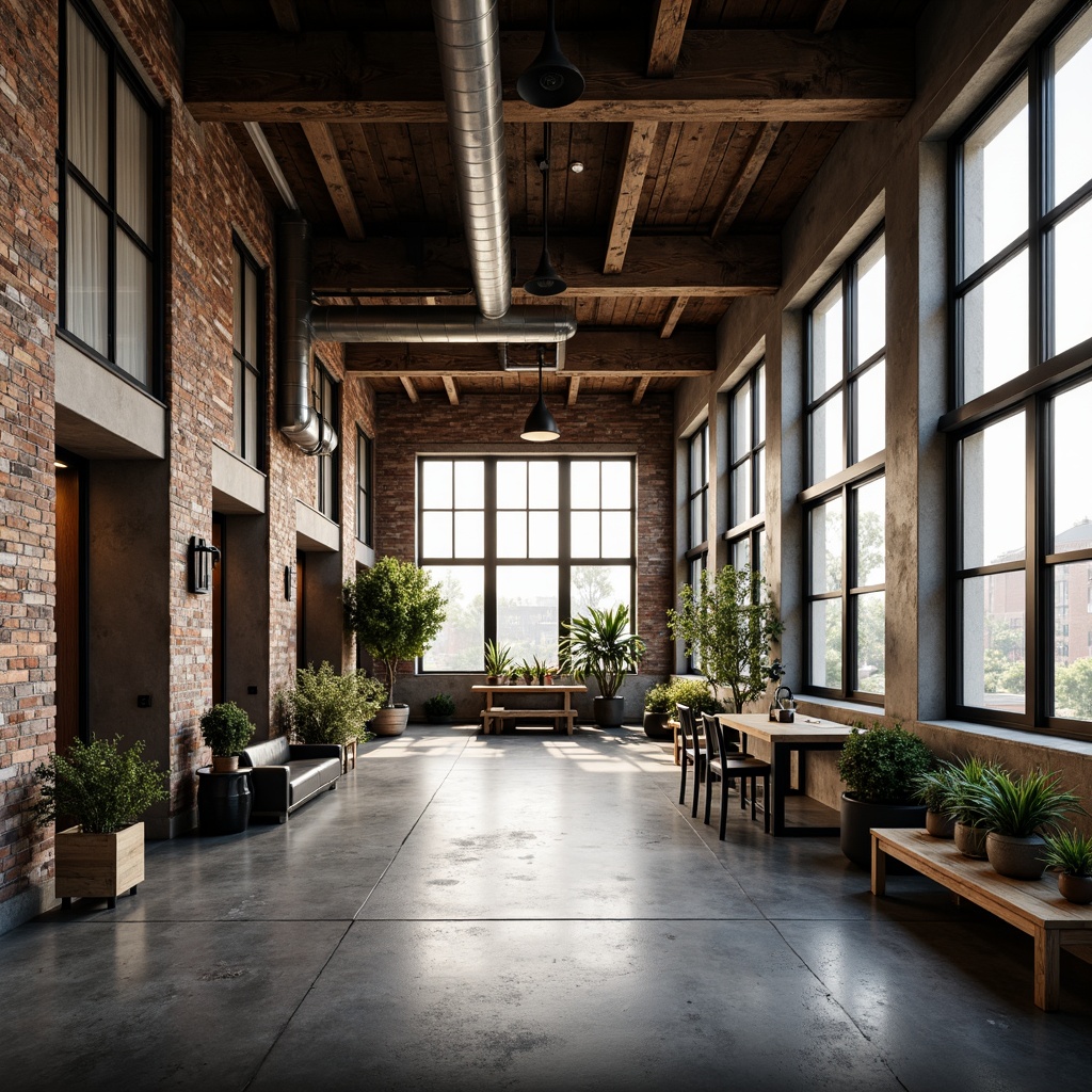 Prompt: Rustic industrial landscape, worn brick walls, exposed ductwork, metal beams, concrete floors, reclaimed wood accents, urban loft atmosphere, natural light pouring through large windows, minimalist decor, distressed finishes, modern functionality, sleek lines, functional simplicity, high ceilings, open spaces, urban renewal vibe, gritty textures, dramatic shadows, low-key lighting, 3/4 composition, realistic rendering.