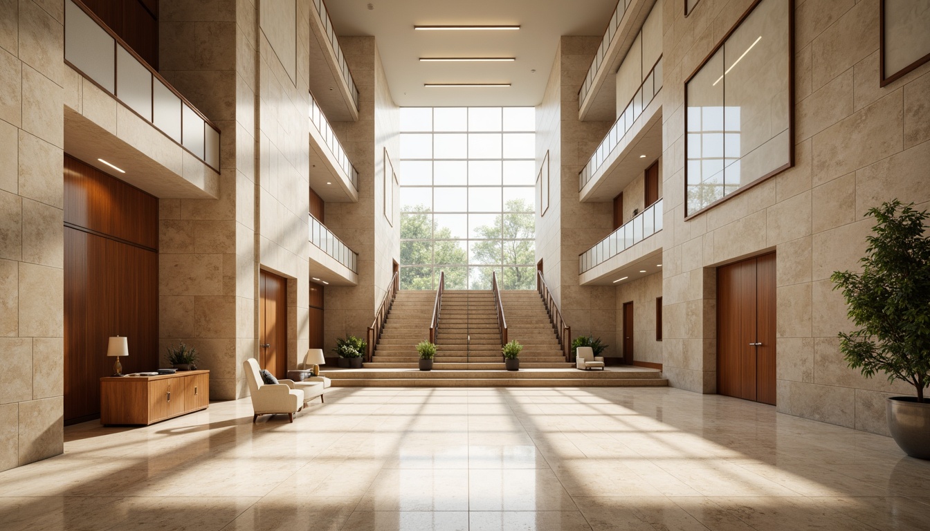 Prompt: Neutral-toned courthouse, contemporary architectural style, sleek stone walls, polished marble floors, rich wood paneling, metallic accents, minimalist decor, high ceilings, grand staircase, ornate railings, natural light pouring in, warm beige tones, subtle texture variations, softbox lighting, 1/1 composition, shallow depth of field, realistic material reflections.