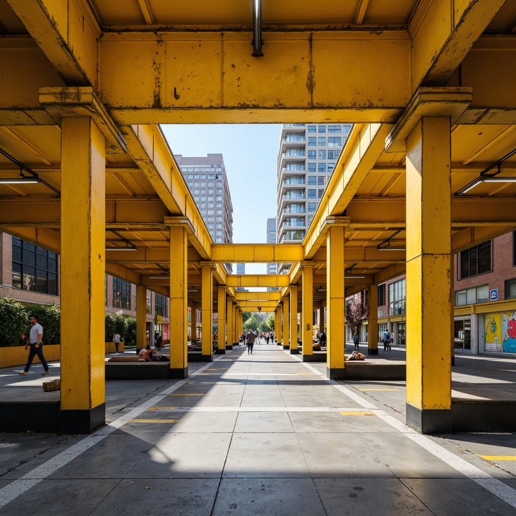 Prompt: Primary yellow, bold black accents, industrial steel beams, rectangular shapes, minimalist design, functional architecture, urban cityscape, morning sunlight, soft shadows, shallow depth of field, 1/1 composition, symmetrical layout, geometric patterns, abstract murals, concrete flooring, metal benches, industrial lighting fixtures, urban transportation hub, bustling activity, vibrant street art.