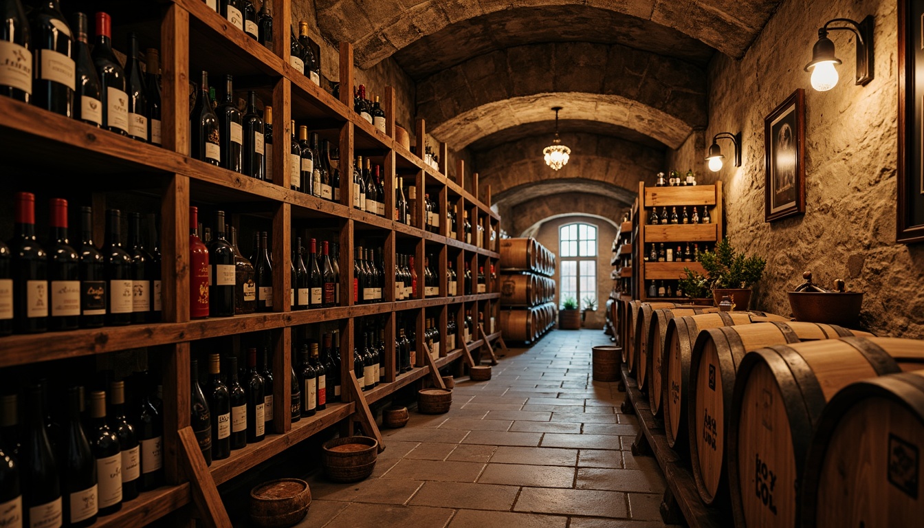 Prompt: Rustic wine cellar, traditional wooden storage racks, rich dark wood tones, ornate metalwork, intricate carvings, dim warm lighting, stone walls, arched doorways, vintage wine barrels, old world charm, earthy aromas, soft shadows, shallow depth of field, 1/1 composition, realistic textures, ambient occlusion.