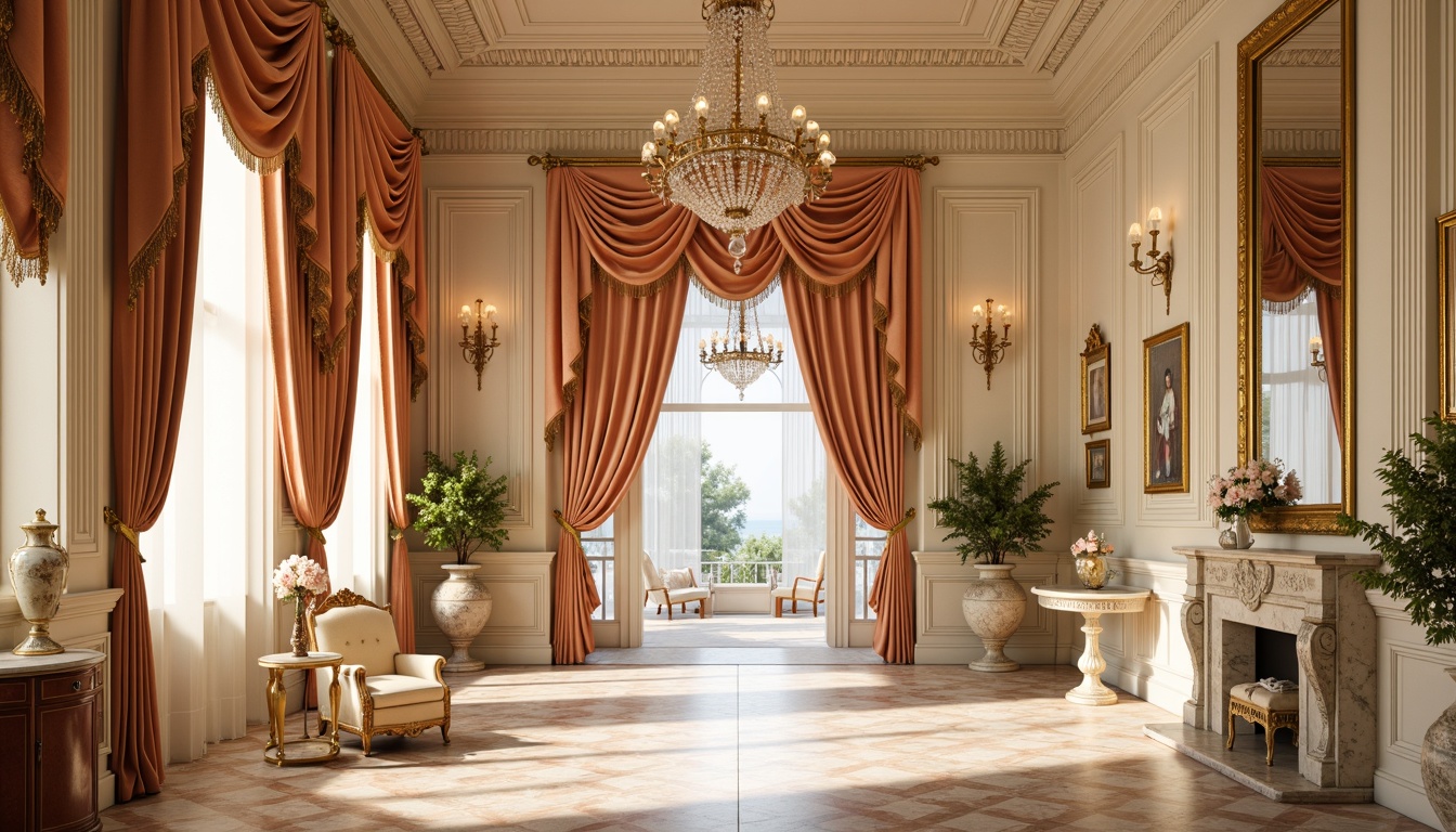 Prompt: Opulent palace interior, soft golden lighting, rich velvet drapes, ornate gilded frames, delicate porcelain vases, lavish floral patterns, creamy ivory walls, majestic crystal chandeliers, intricate marble flooring, warm beige accents, subtle peach undertones, luxurious silk fabrics, dramatic Baroque details, whimsical shell motifs, airy pastel hues, romantic Rococo curves.