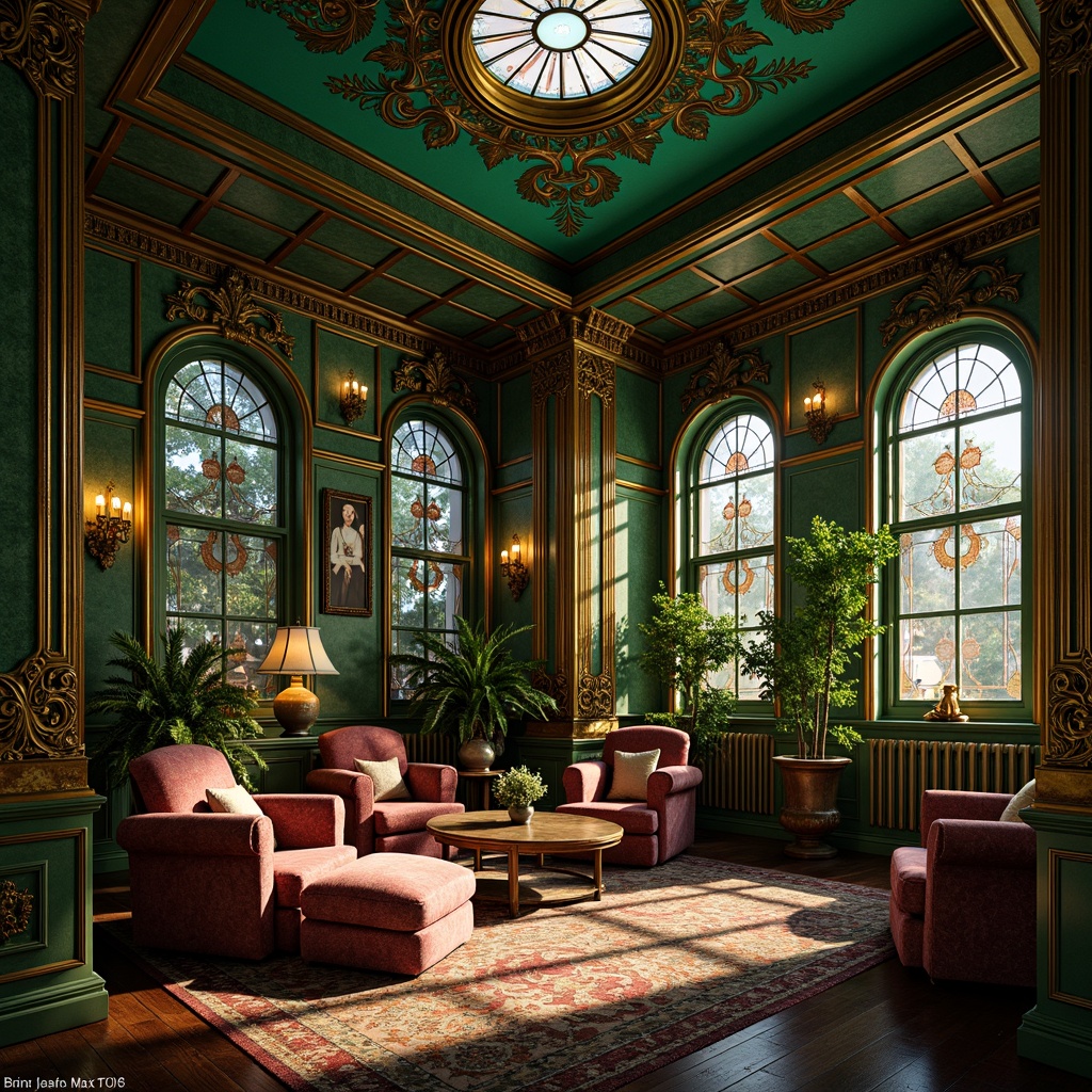 Prompt: \Opulent Art Nouveau interior, rich jewel-toned colors, emerald green walls, golden accents, ornate metalwork, flowing organic patterns, sinuous lines, botanical motifs, luxurious velvet fabrics, intricate wooden carvings, stained glass windows, warm candlelight, dramatic shadows, high contrast, 1/2 composition, soft focus, realistic textures, ambient occlusion.\