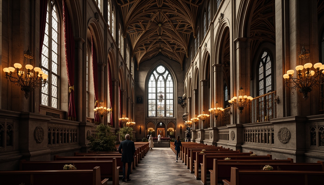 Prompt: Intricate stone carvings, ornate wooden paneling, grand chandeliers, stained glass windows, ribbed vaulted ceilings, pointed arches, flying buttresses, Gothic columns, intricate tracery, lavish furnishings, velvet drapes, rich tapestries, mysterious ambiance, dim warm lighting, dramatic shadows, 3/4 composition, shallow depth of field, realistic textures, ambient occlusion.