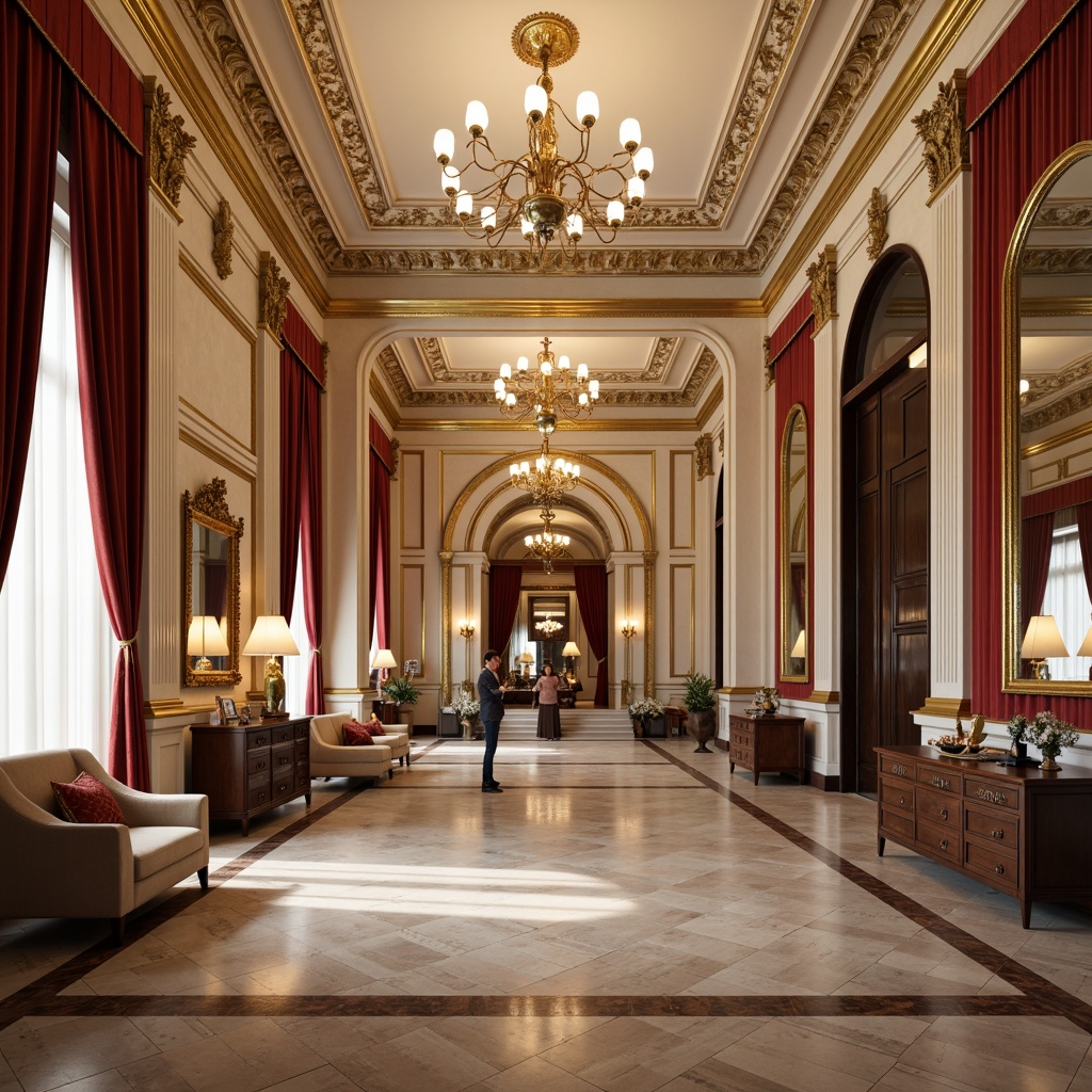 Prompt: Elegant neoclassical interior, symmetrical composition, ornate mirrors, polished marble floors, grand chandeliers, intricate moldings, gilded accents, lavish furnishings, velvet drapes, stately columns, arched doorways, refined color palette, soft warm lighting, high ceilings, expansive spaces, perfect bilateral symmetry, harmonious proportions, classic architectural elements, sophisticated ambiance, subtle textures, shallow depth of field, 1/1 composition, panoramic view.