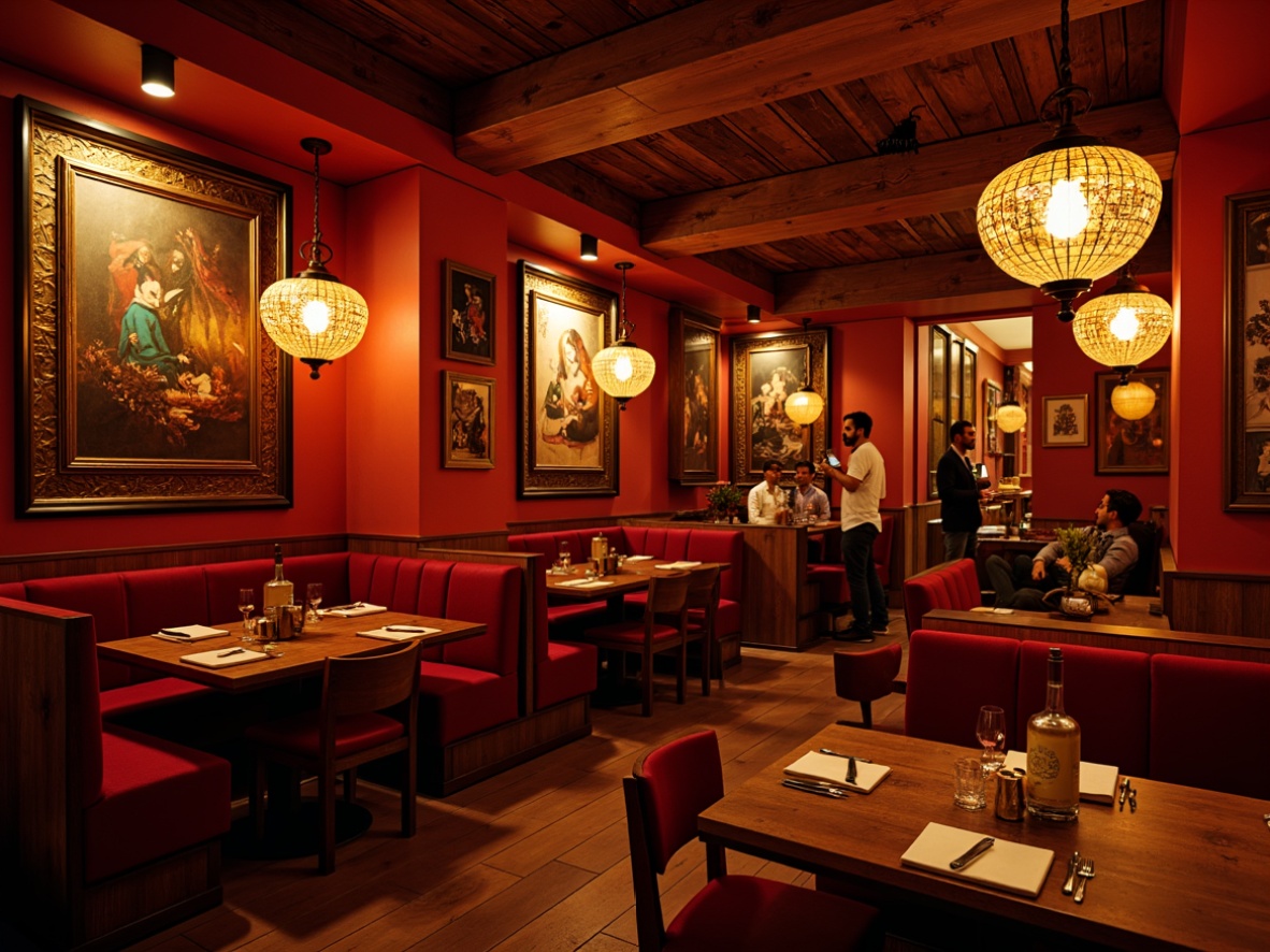 Prompt: Vibrant restaurant interior, rich warm colors, deep red walls, golden lighting fixtures, distressed wooden accents, eclectic artwork, bold geometric patterns, ornate metal details, luxurious velvet fabrics, moody atmospheric ambiance, dramatic shadows, low-key backlighting, 1/2 composition, cinematic mood, gritty textures, subtle noise effect.