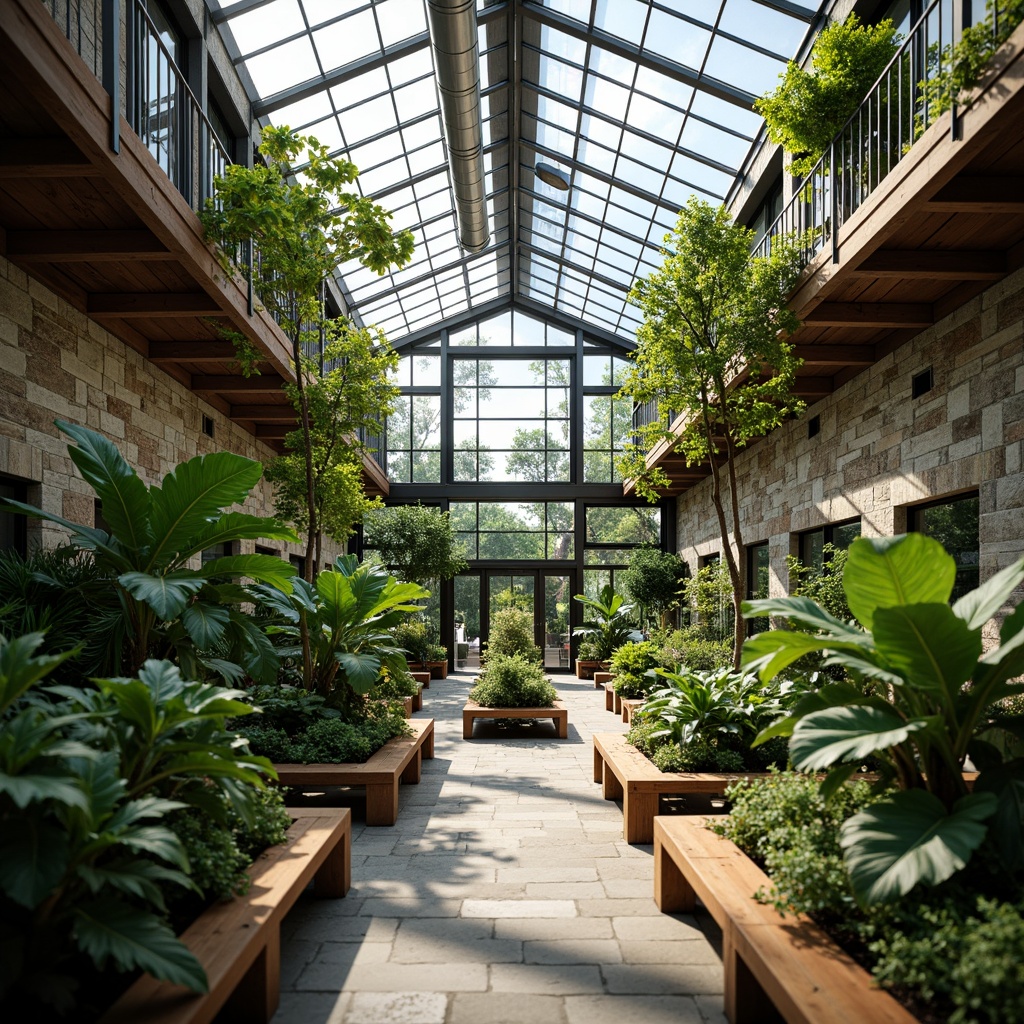 Prompt: Lush greenhouse interior, abundance of natural light, tropical plants, wooden benches, rustic stone walls, modern academic architecture, large glass roofs, clerestory windows, steel beams, exposed ductwork, industrial chic decor, reclaimed wood accents, earthy color palette, warm cozy atmosphere, soft diffused lighting, shallow depth of field, 1/1 composition, realistic textures, ambient occlusion.