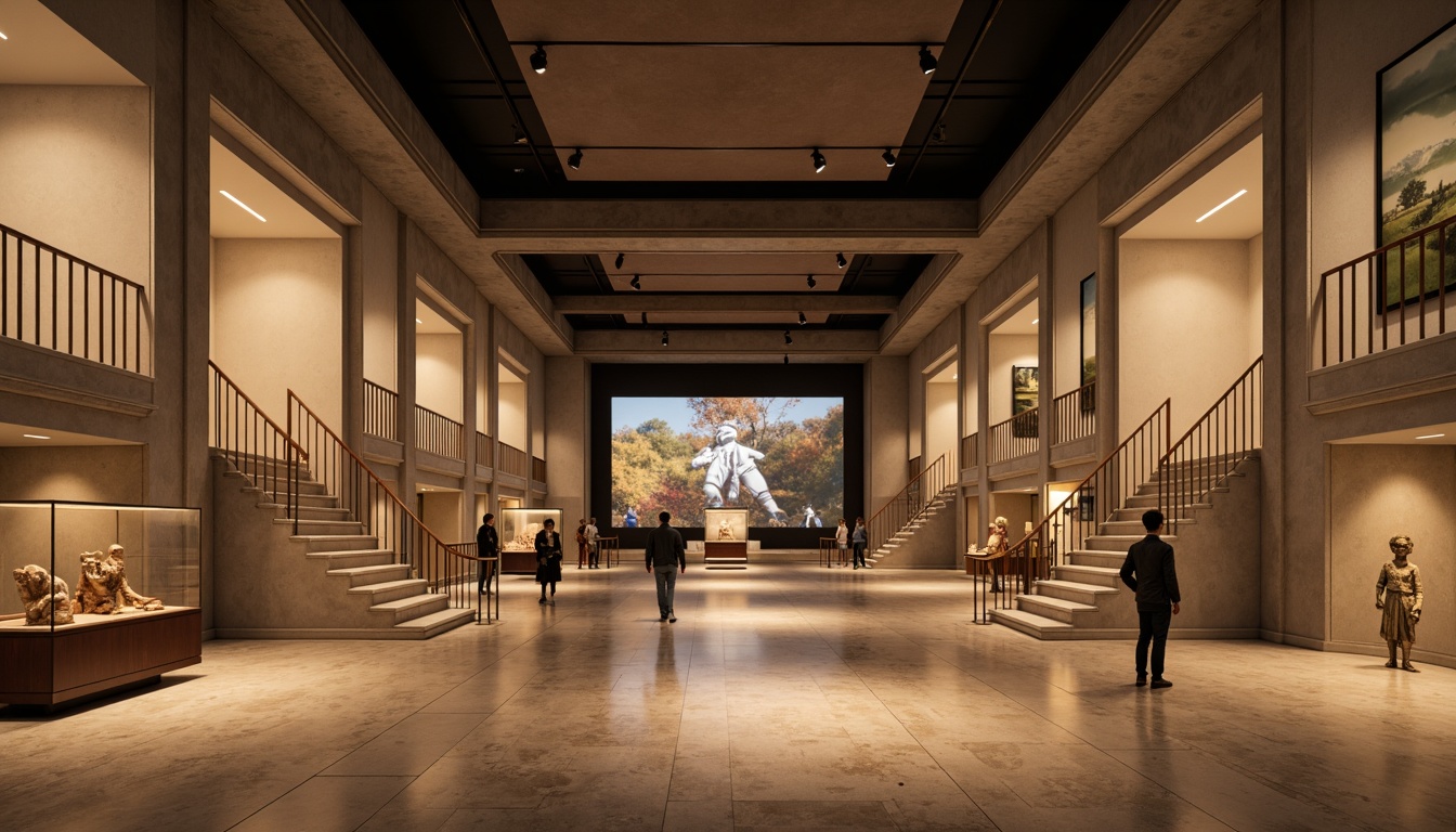 Prompt: Elegant museum interior, high ceilings, grand staircases, polished marble floors, subtle warm lighting, softbox lights, track lighting systems, adjustable beam angles, dramatic spotlights, LED light strips, ambient luminance, vertical illuminance, horizontal illuminance, gentle color temperatures, 2700K-3000K warm white tones, accent lighting, wall washes, floor-to-ceiling lighting ratios, layered lighting schemes, daytime simulations, nighttime ambiance, exhibit-focused illumination, artifact highlights, interactive displays, multimedia installations, immersive experiences, visitor engagement, circulation paths, visual flow guidance.