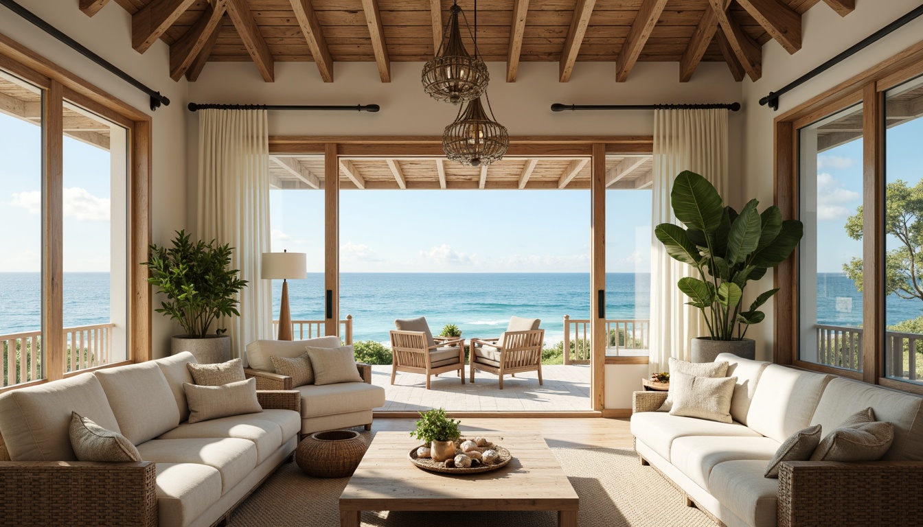 Prompt: Calming coastal apartment, soothing ocean views, weathered wood accents, driftwood furniture, sea glass chandeliers, nautical ropes, soft sandy beige walls, calming blue-green hues, natural textiles, woven baskets, shells decorations, ocean-inspired artwork, large windows, sliding glass doors, sunny day, warm soft lighting, shallow depth of field, 3/4 composition, panoramic view, realistic textures, ambient occlusion.