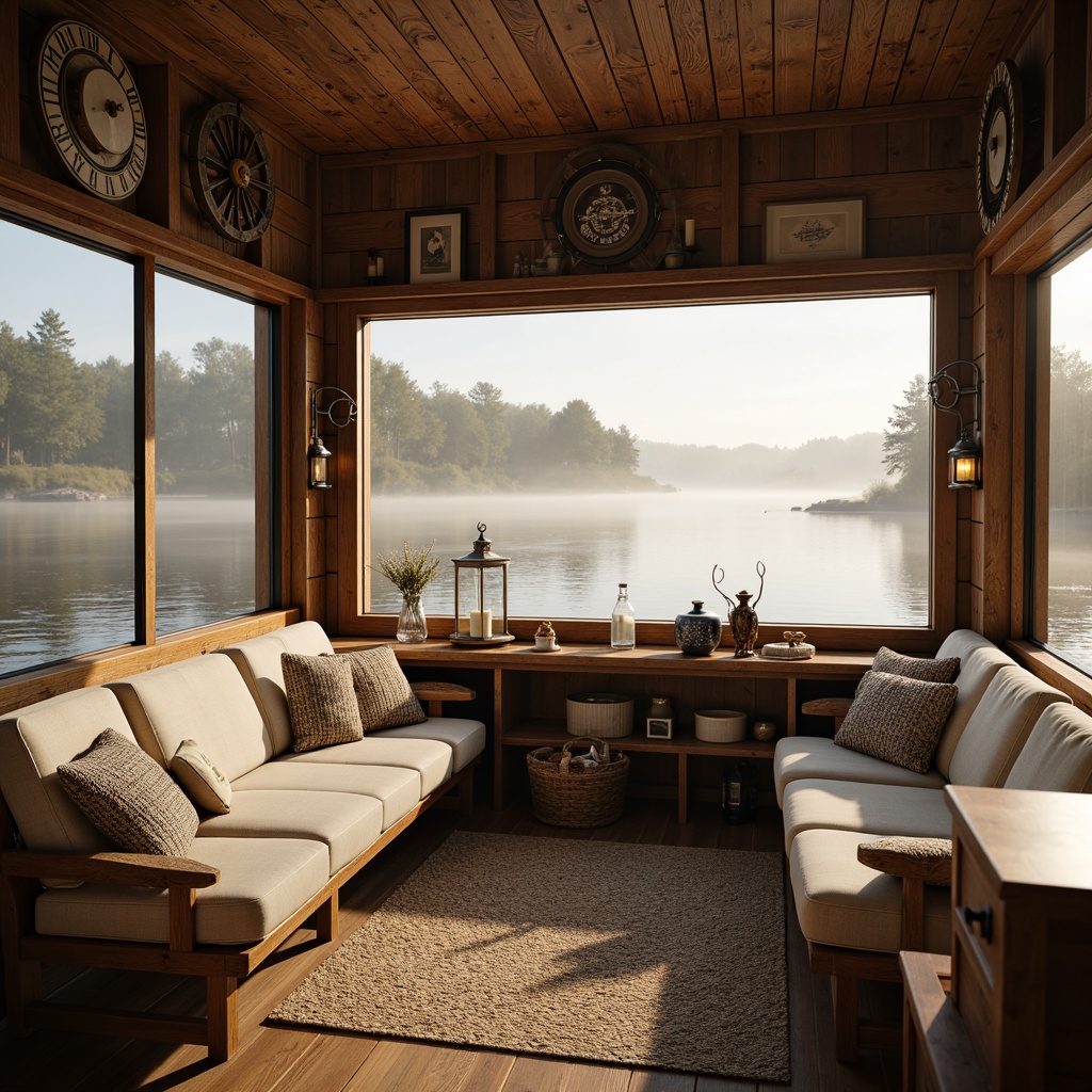 Prompt: Cozy boathouse interior, nautical theme, distressed wood accents, vintage marine instruments, plush comfortable seating, warm beige tones, soft cream textiles, natural woven fibers, rustic metal fixtures, lantern-style lighting, scenic waterfront views, tranquil lake surroundings, misty morning atmosphere, warm golden lighting, shallow depth of field, 2/3 composition, realistic water reflections.