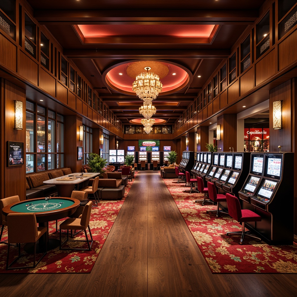 Prompt: Luxurious casino interior, mid-century modern style, rich wood tones, velvet upholstery, sleek metal accents, ornate chandeliers, plush area rugs, curved lines, retro-inspired patterns, vintage slot machines, elegant card tables, sophisticated lounge seating, low-back sofas, tufted armchairs, marble countertops, warm ambient lighting, subtle color palette, 1/1 composition, shallow depth of field, realistic textures, ambient occlusion.